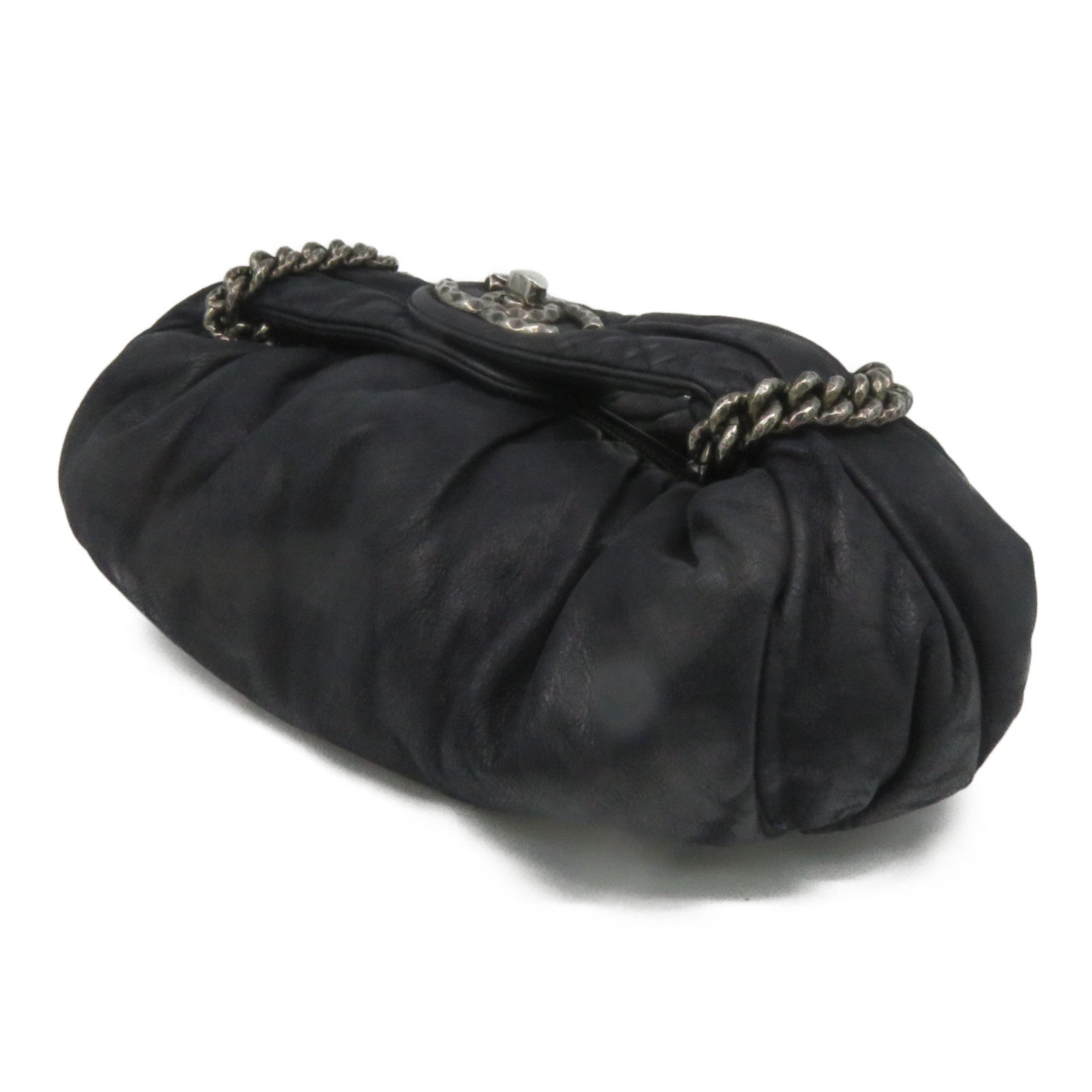 CHANEL [Sharp Reduction Offer] Cowhide Leather Hand Bag Silver Buckle Hand Bag Black