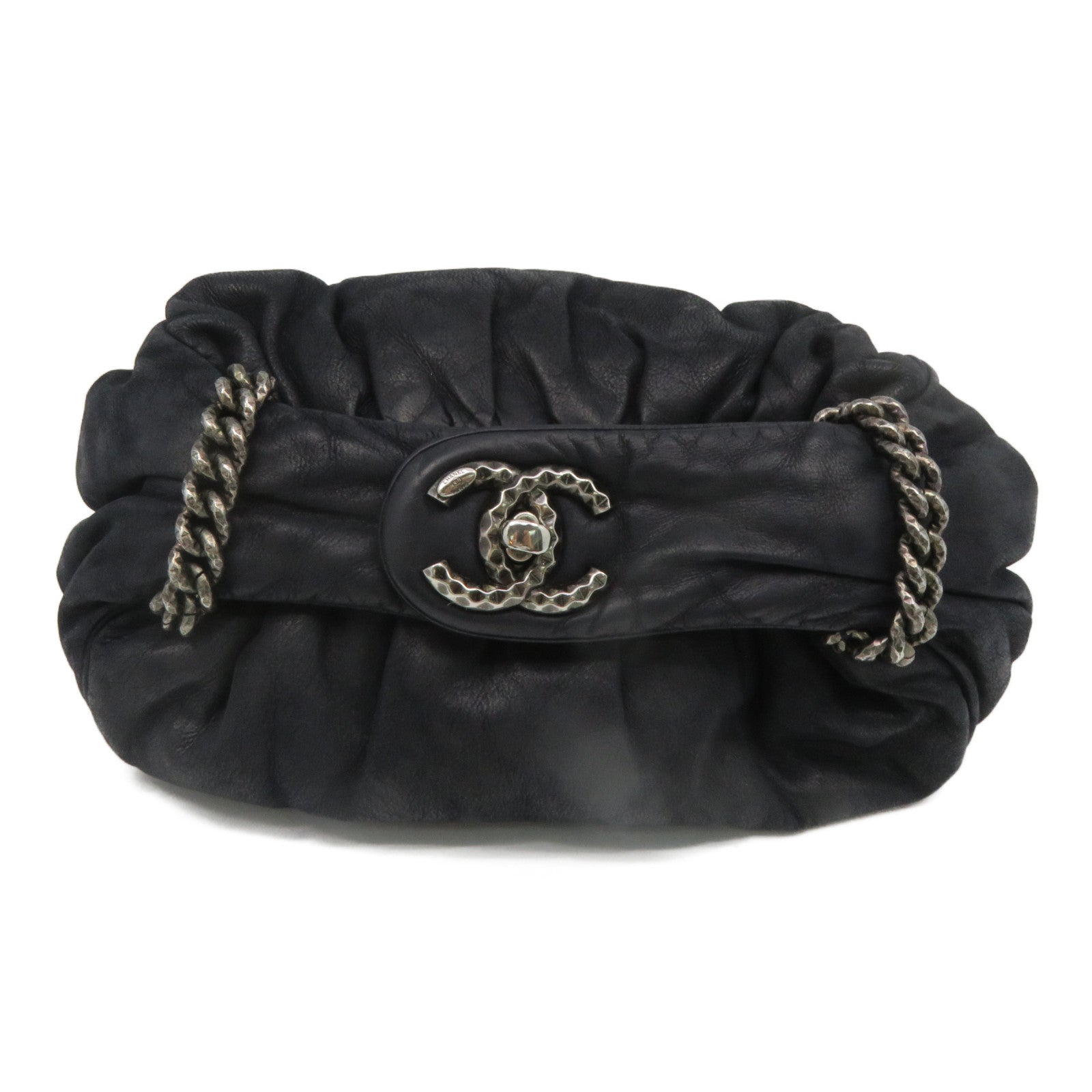 CHANEL [Sharp Reduction Offer] Cowhide Leather Hand Bag Silver Buckle Hand Bag Black