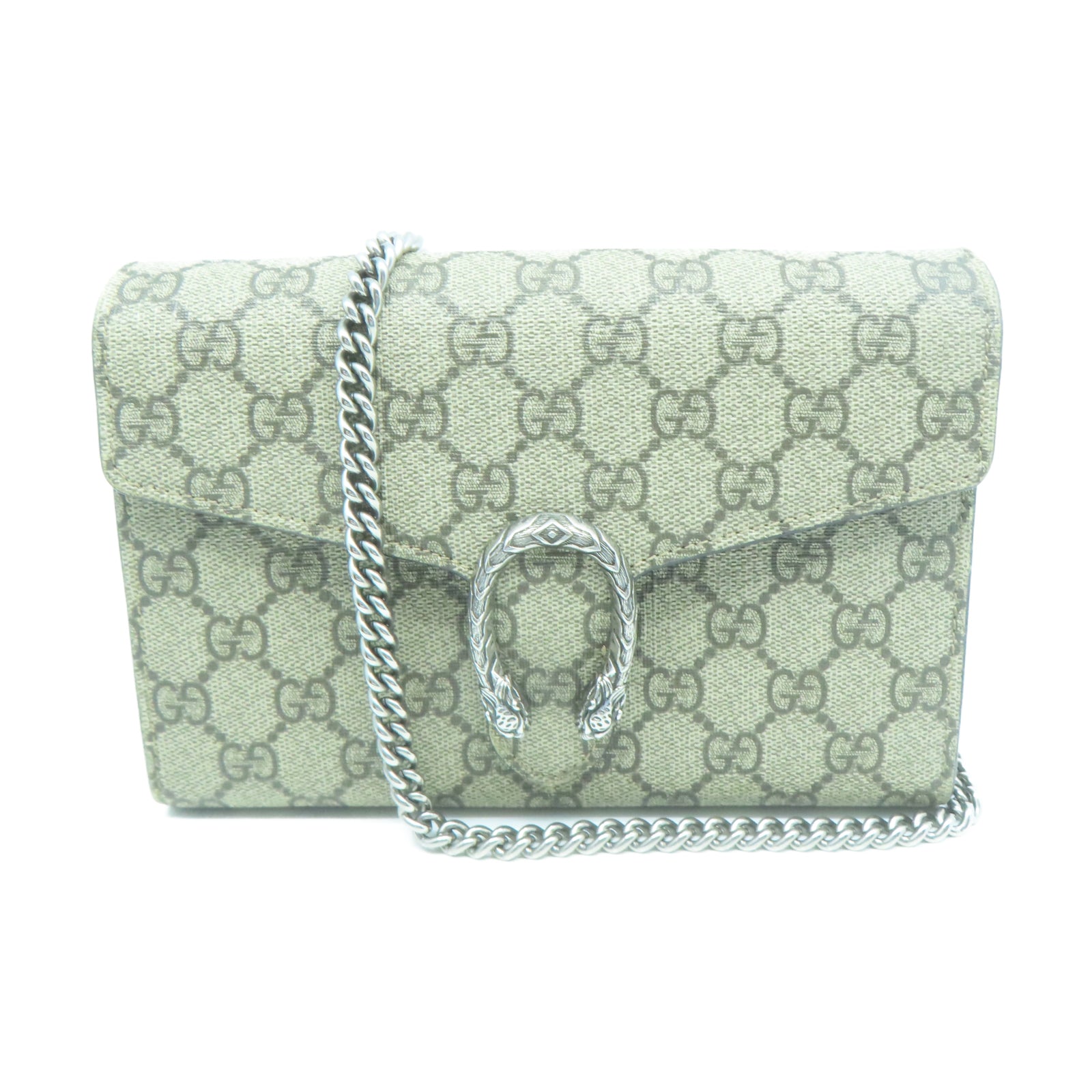GUCCI 塗層帆布GG Supreme帆布Diongsus Chain Wallet銀扣鏈帶肩背袋米色