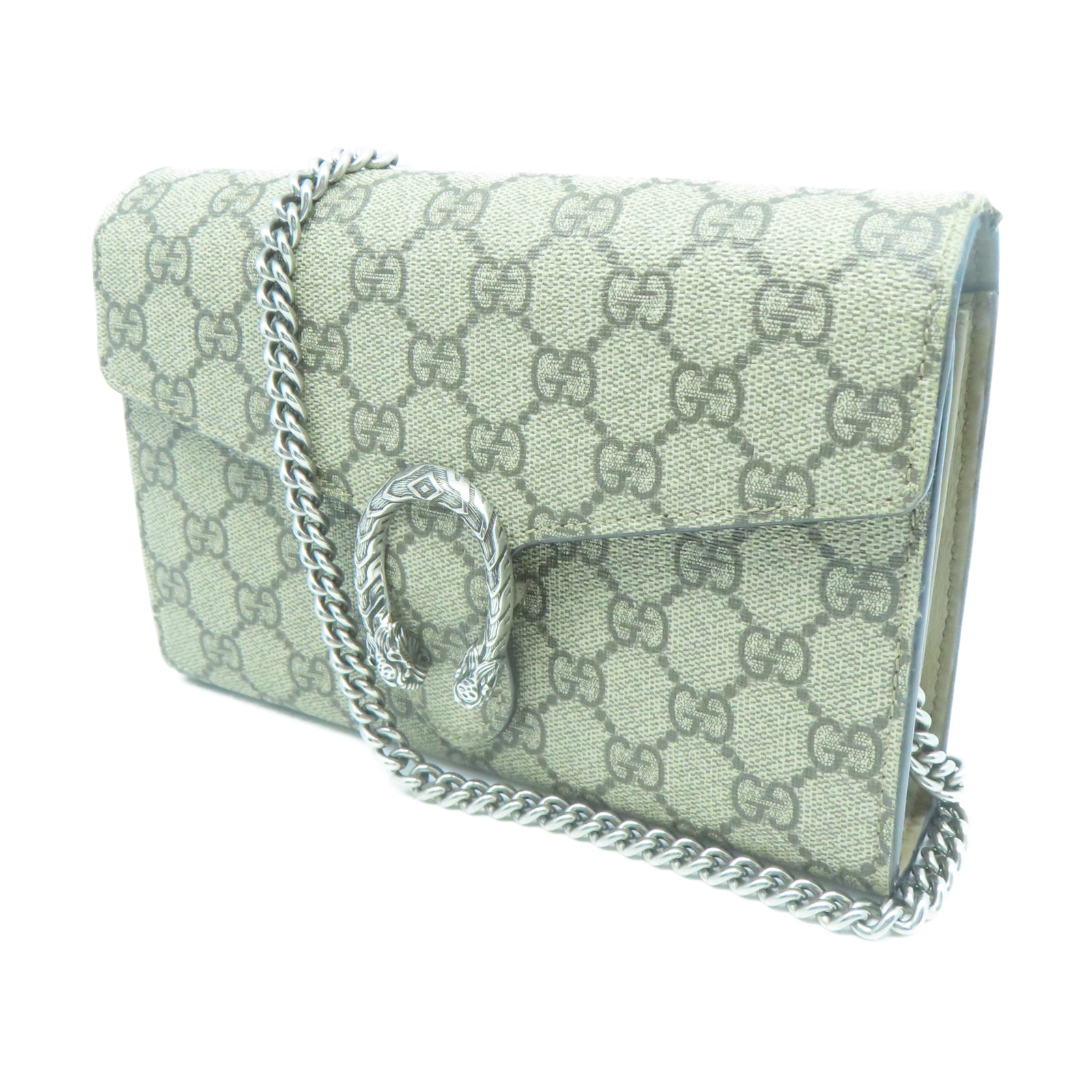 GUCCI 塗層帆布GG Supreme帆布Diongsus Chain Wallet銀扣鏈帶肩背袋米色