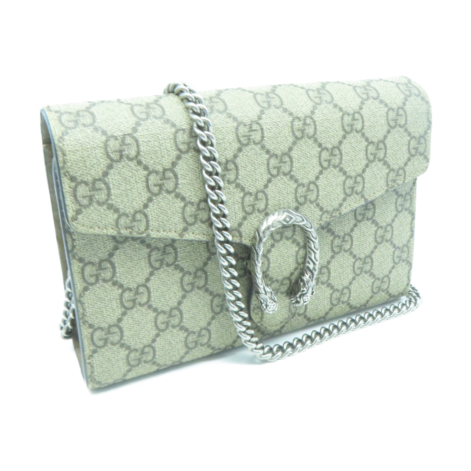 GUCCI 塗層帆布GG Supreme帆布Diongsus Chain Wallet銀扣鏈帶肩背袋米色