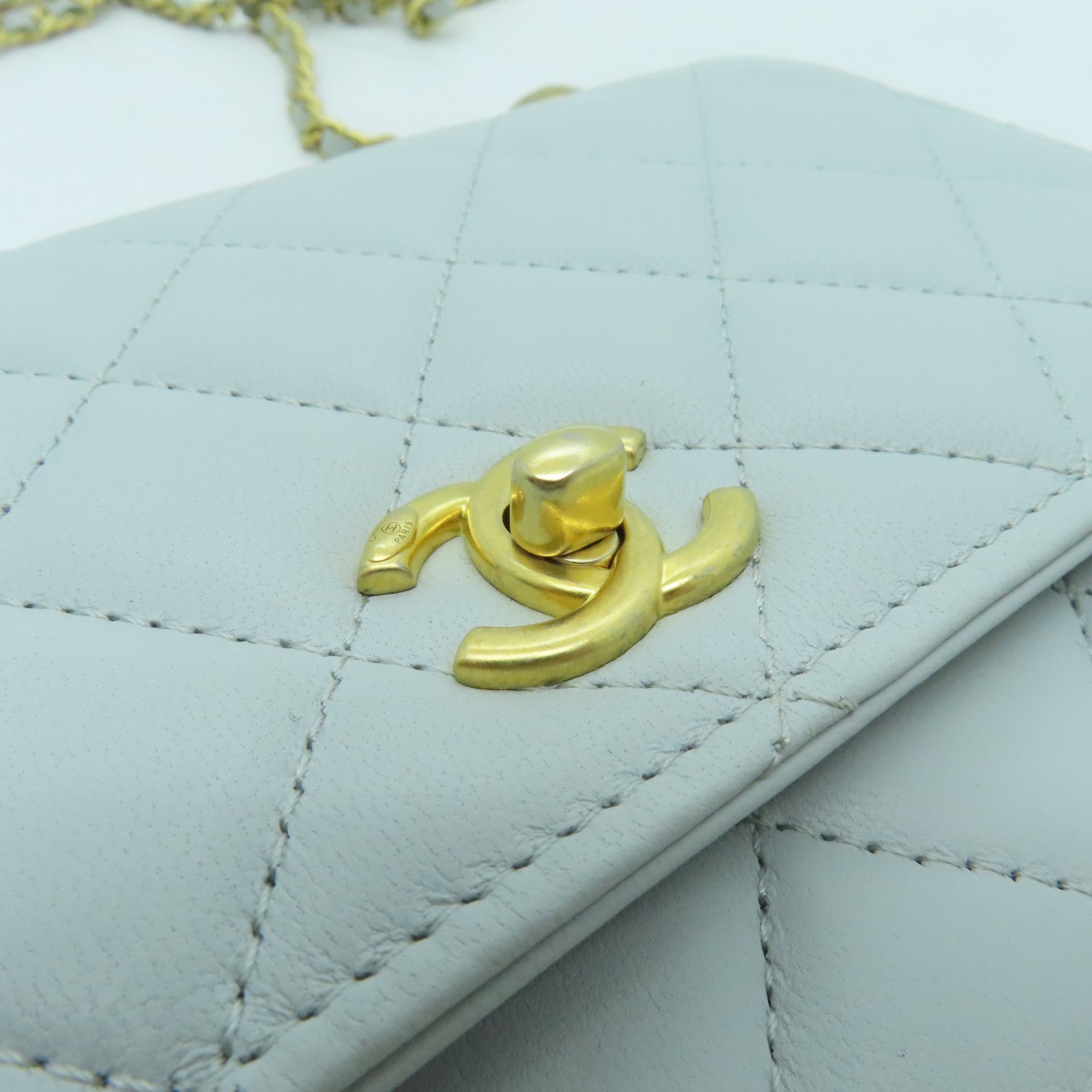 CHANEL rhombus sheepskin leather Woc gold buckle strap shoulder bag light green
