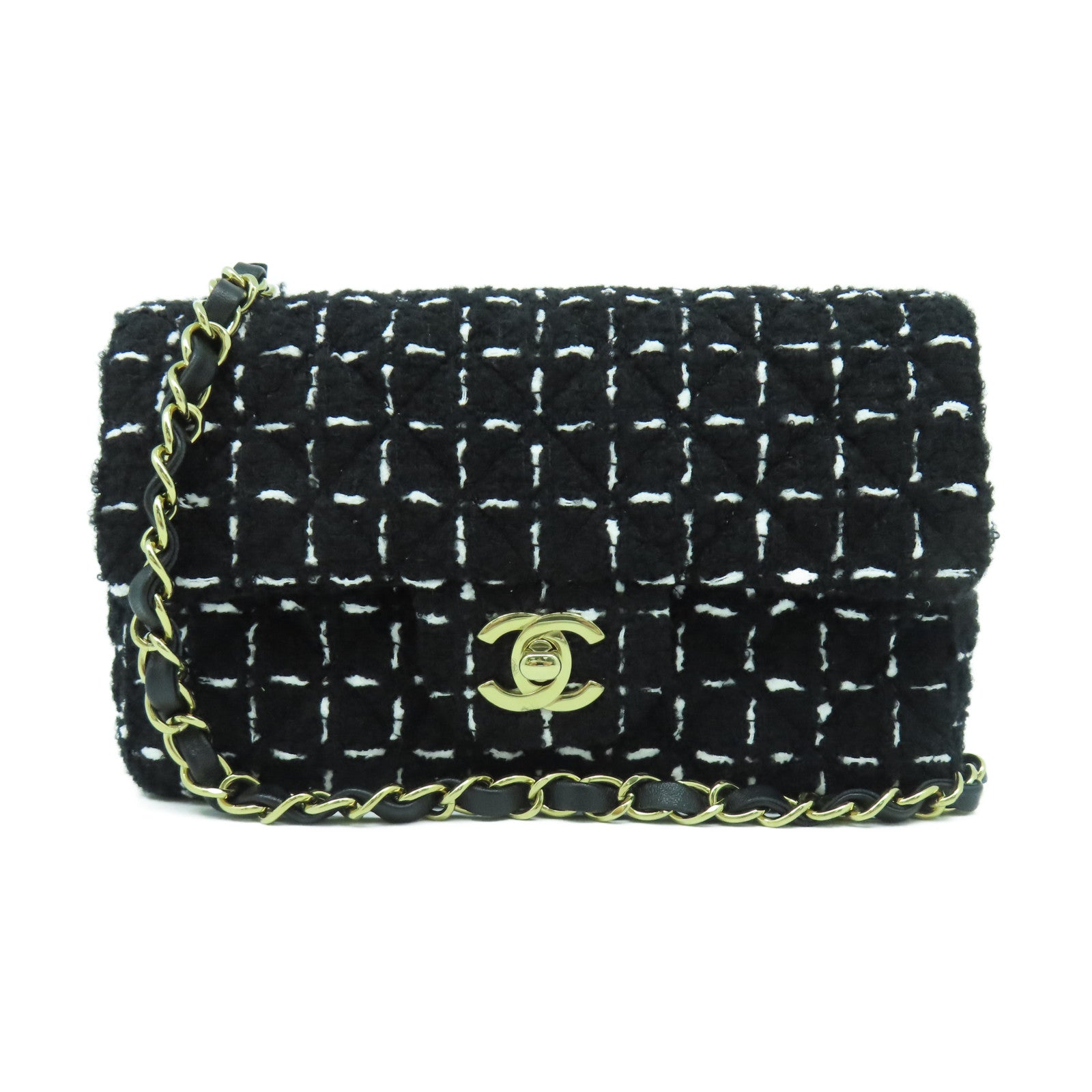 CHANEL 菱格斜紋軟呢Mini 20 Chain Shoulder Bag銀扣鏈帶肩背袋黑色/白色