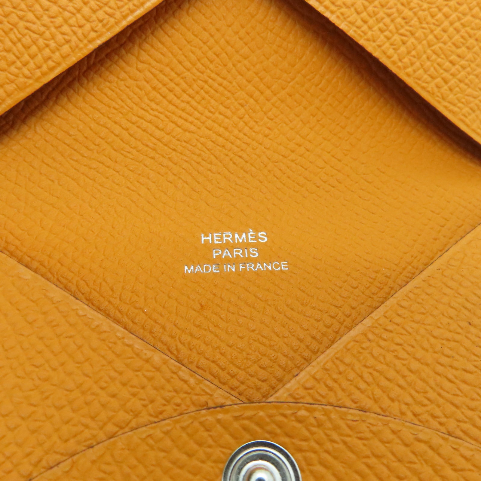 HERMES Veau Epsom Leather Calvi Silver Buckle Card Holder Orange