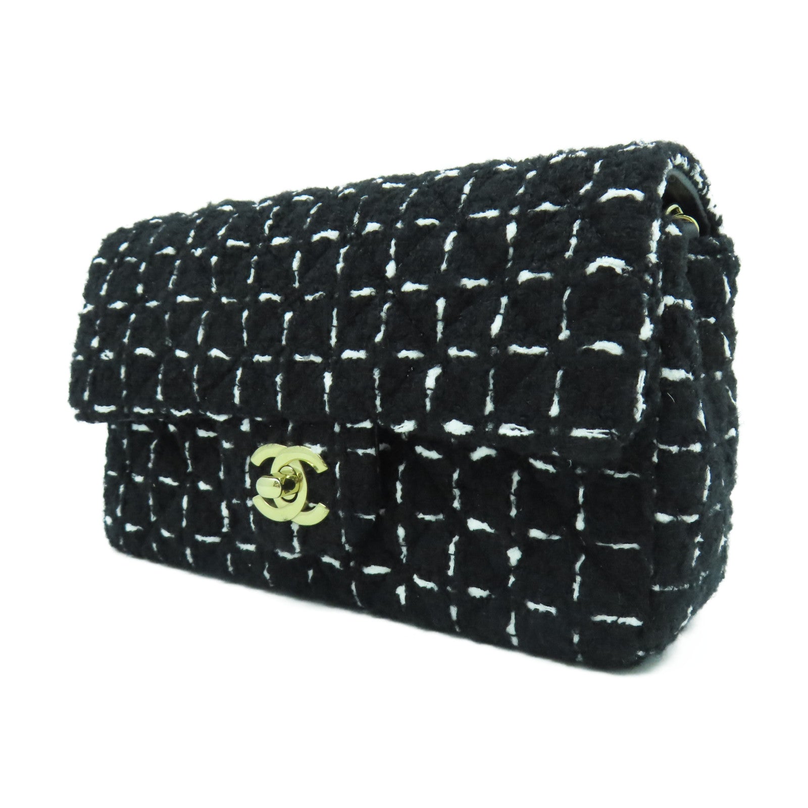 CHANEL 菱格斜紋軟呢Mini 20 Chain Shoulder Bag銀扣鏈帶肩背袋黑色/白色