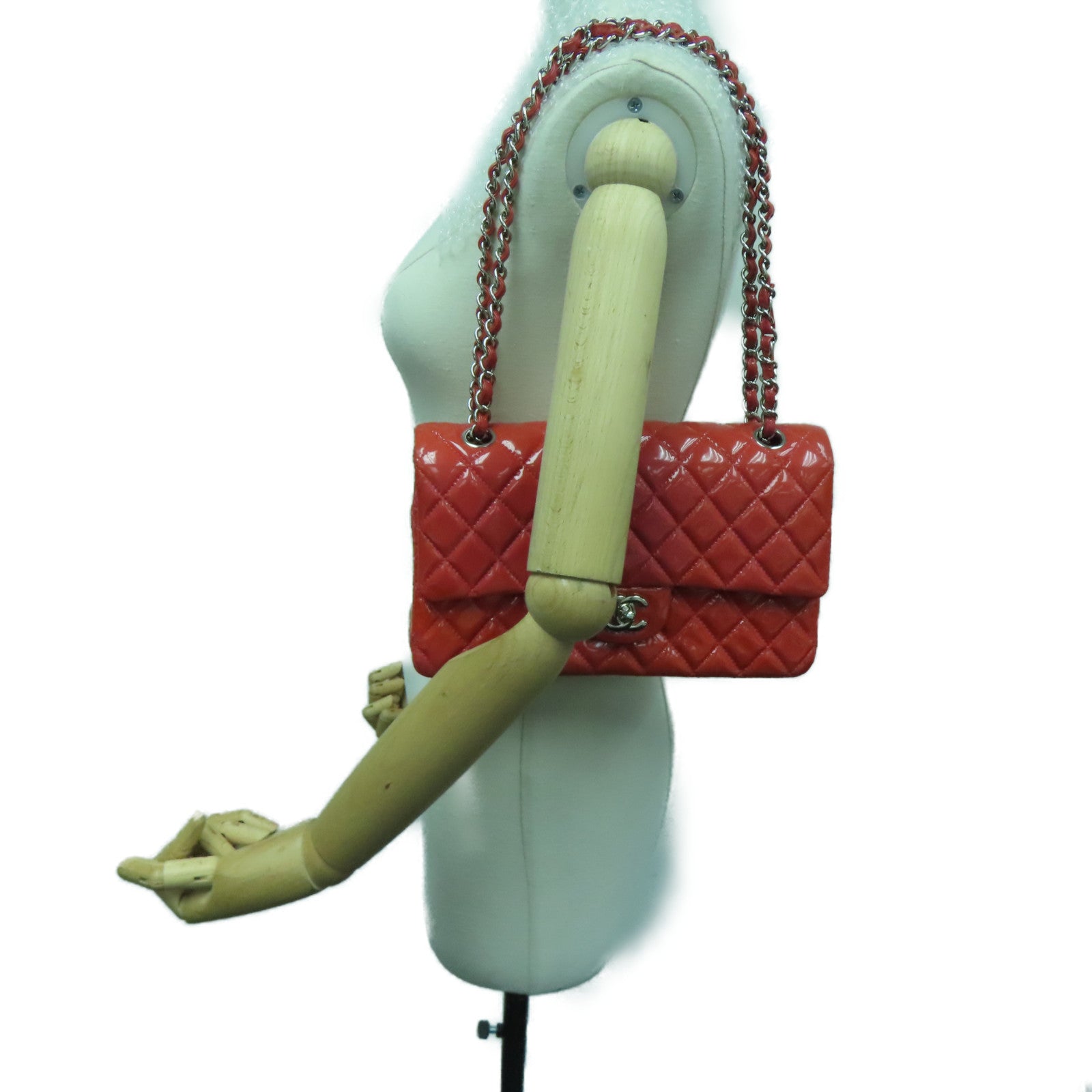 CHANEL 菱格漆皮皮革Chain Shoulder銀扣鏈帶肩背袋粉紅色