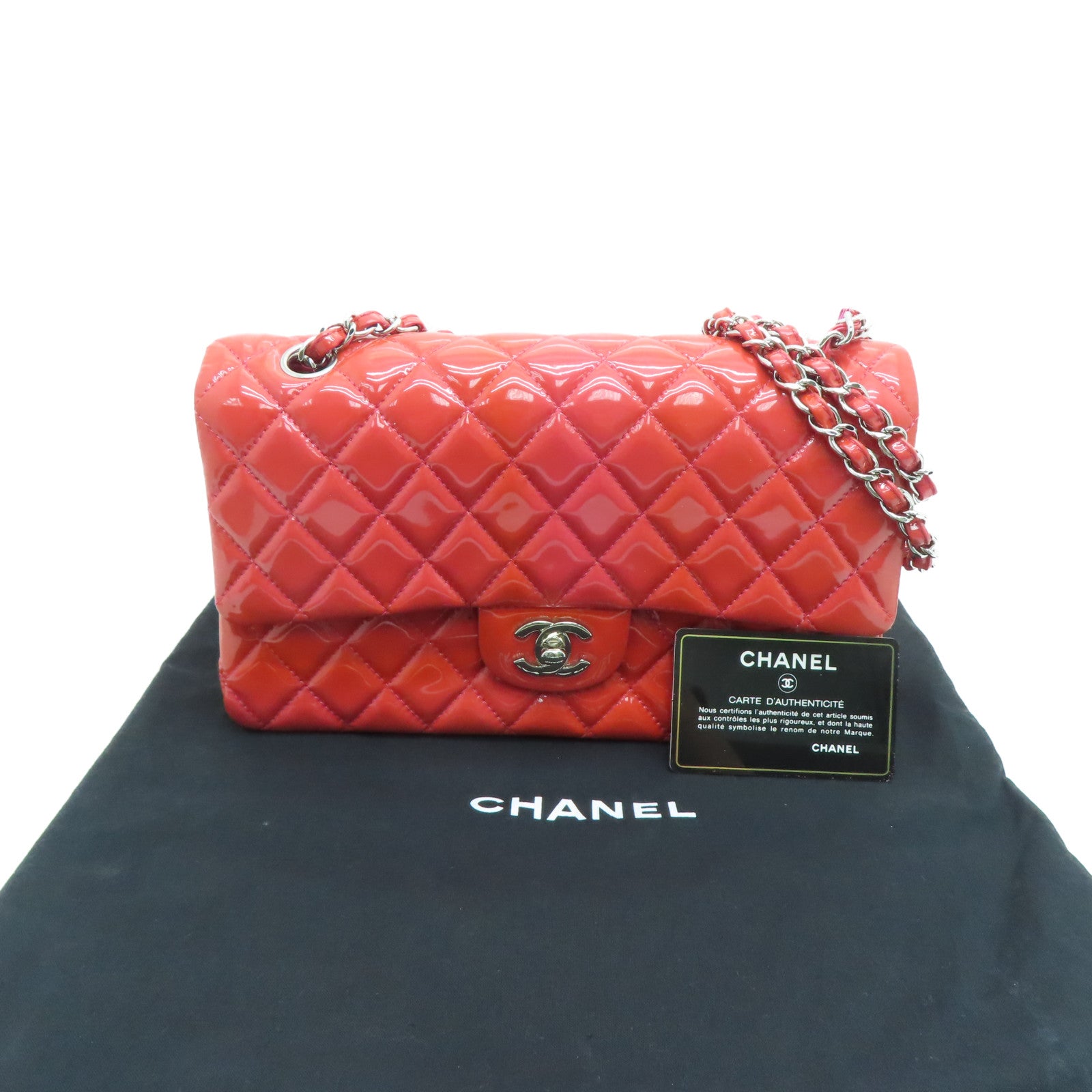 CHANEL 菱格漆皮皮革Chain Shoulder銀扣鏈帶肩背袋粉紅色