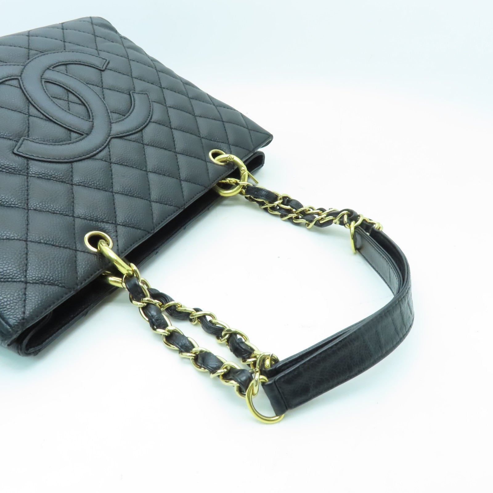 CHANEL 菱格Caviar皮革GST Tote金扣肩背袋黑色