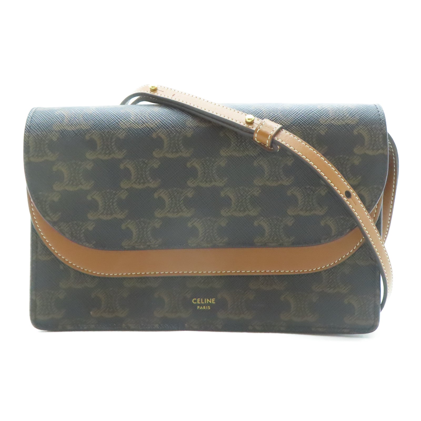 CELINE 塗層帆布Wallet On Strap金扣肩背袋啡色
