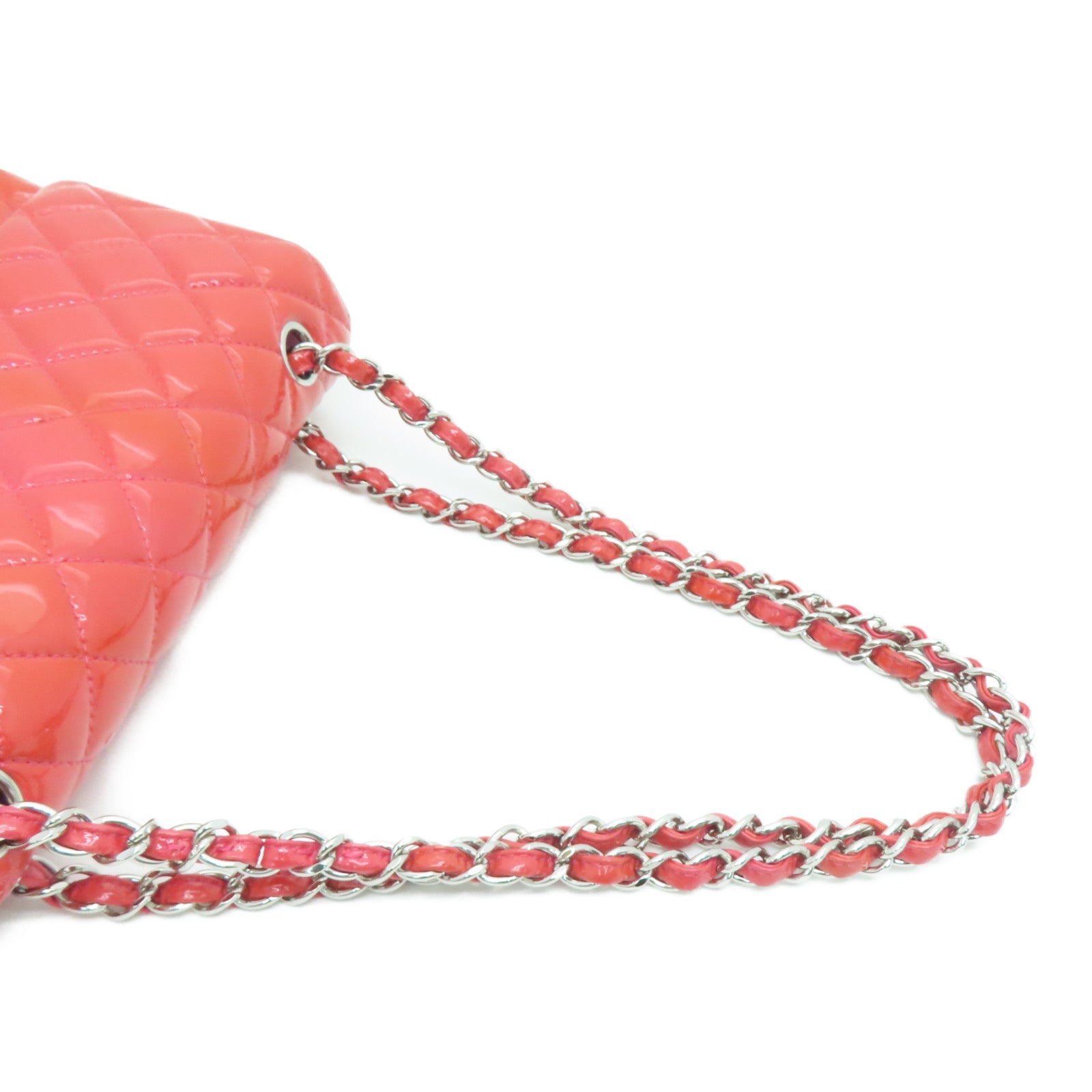 CHANEL 菱格漆皮皮革Chain Shoulder銀扣鏈帶肩背袋粉紅色