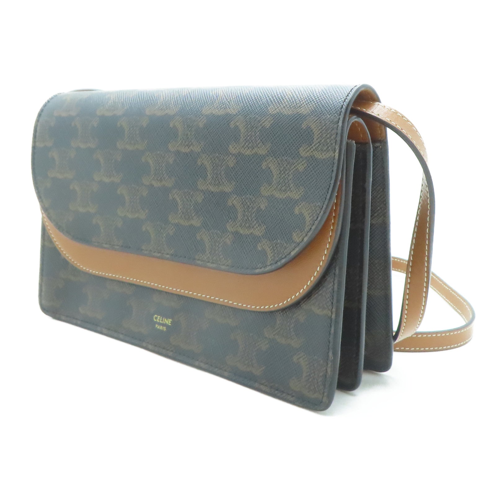 CELINE 塗層帆布Wallet On Strap金扣肩背袋啡色