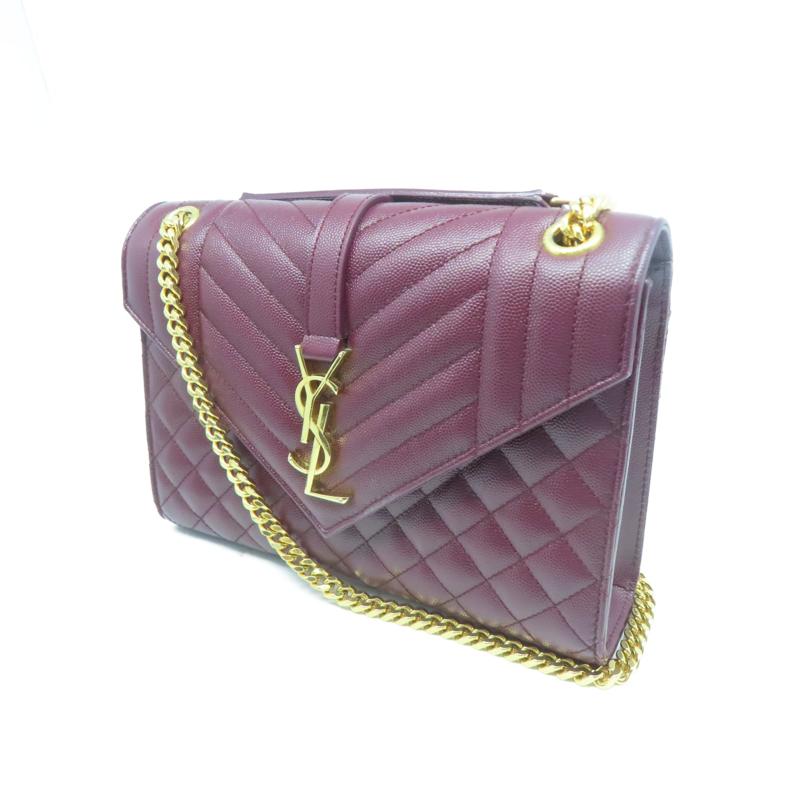 SAINT LAURENT 菱格牛皮皮革Envelope Medium金扣鏈帶肩背袋油紅色
