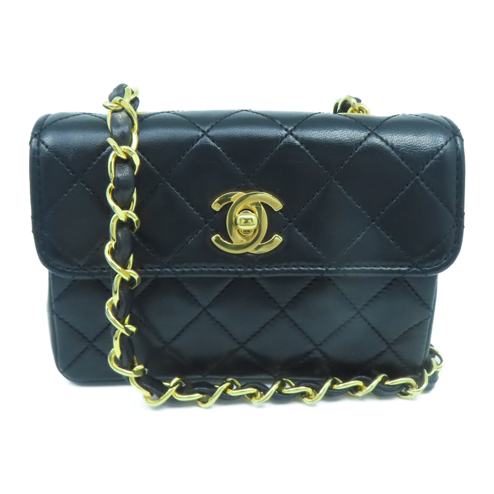 CHANEL 菱格羊皮皮革Chain Shoulder Bag金扣鏈帶肩背袋黑色