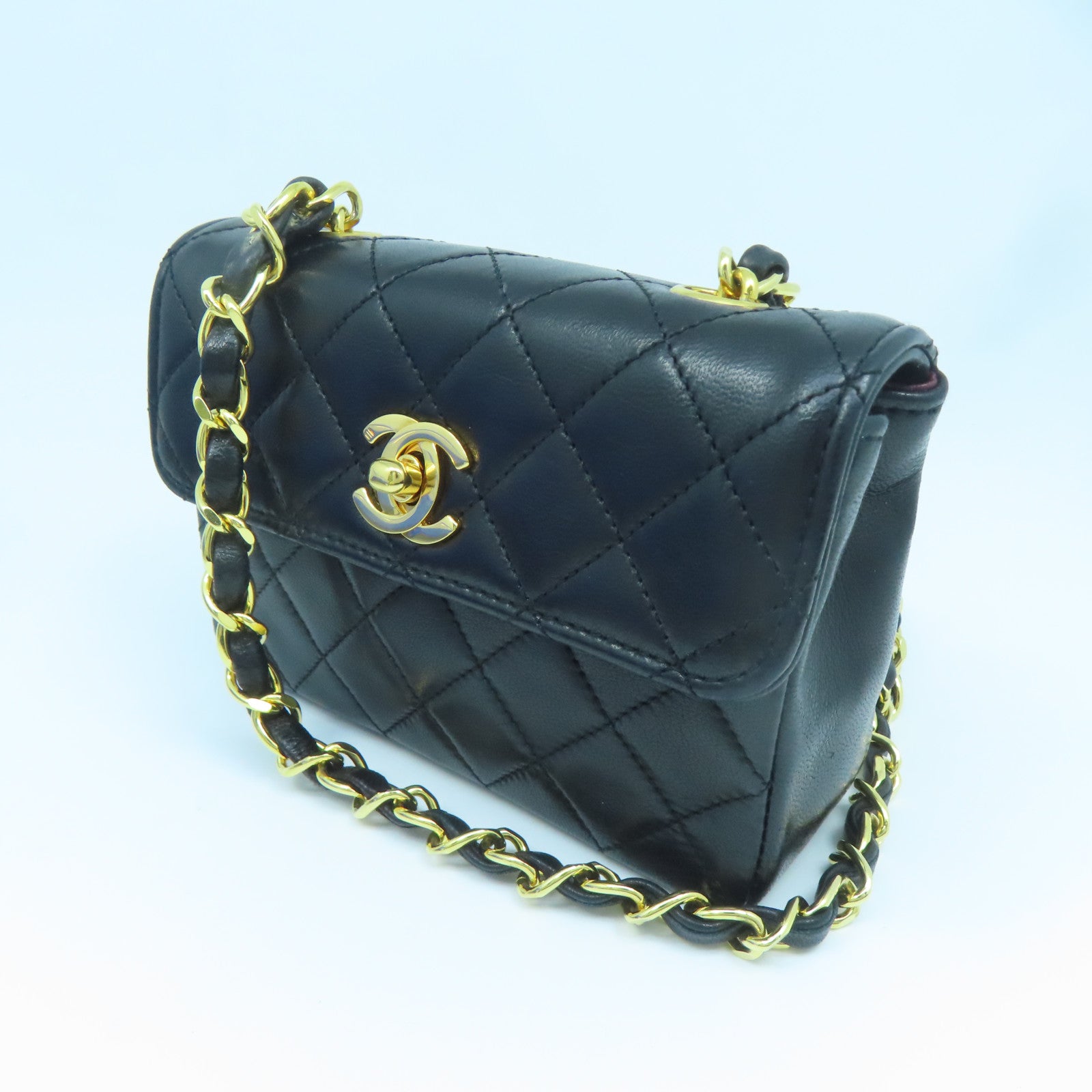CHANEL 菱格羊皮皮革Chain Shoulder Bag金扣鏈帶肩背袋黑色
