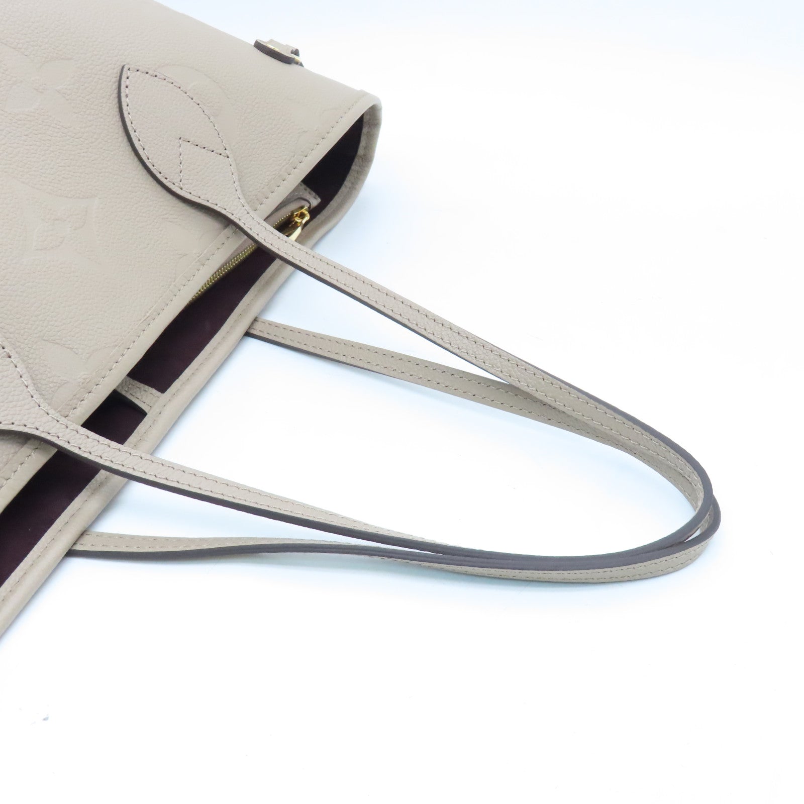 LOUIS VUITTON Monogram Empreinte Neverfull MM gold buckle handle bag light brown