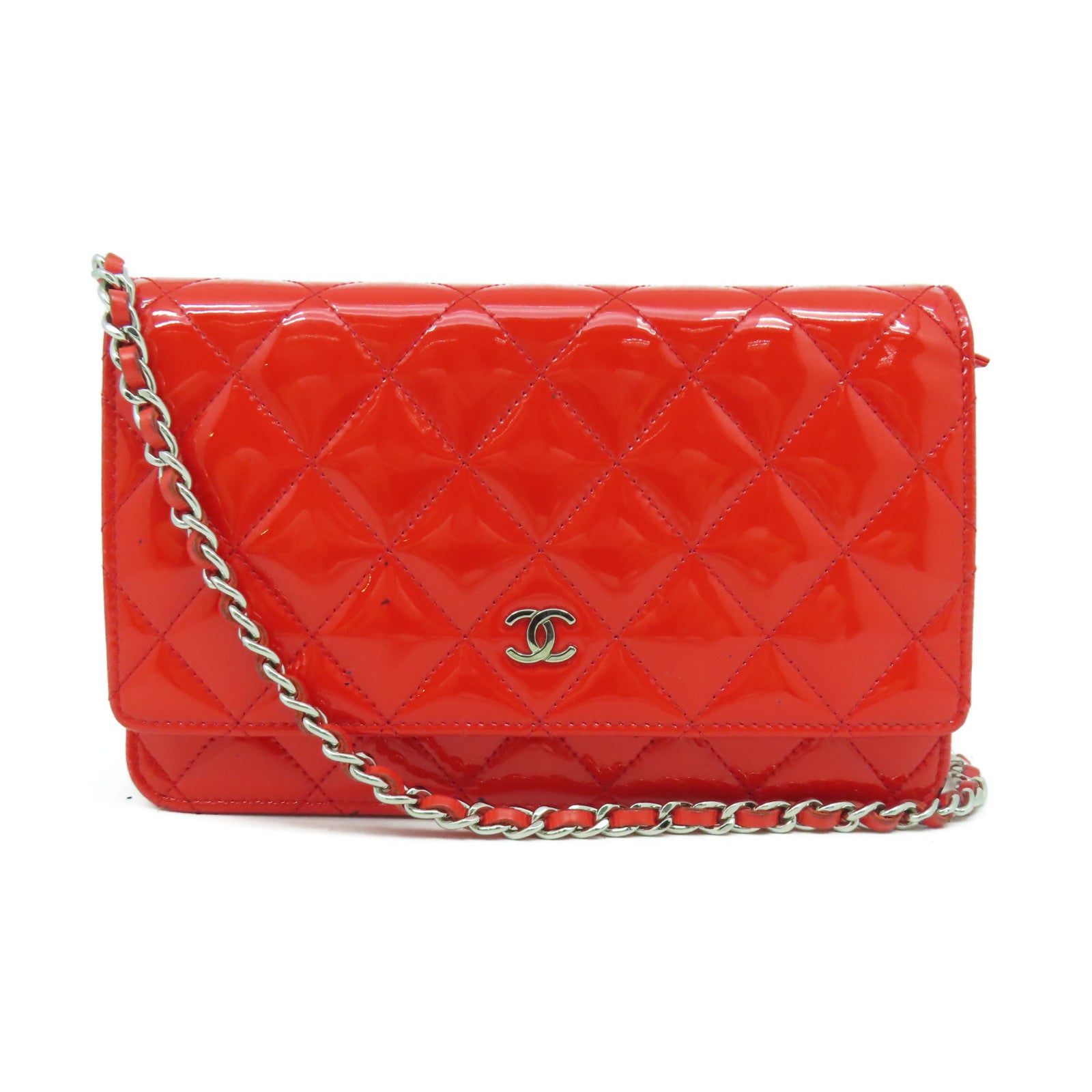 CHANEL 菱格漆皮皮革Wallet On Chain Shoulder Bag銀扣鏈帶錢包肩背袋橙紅色