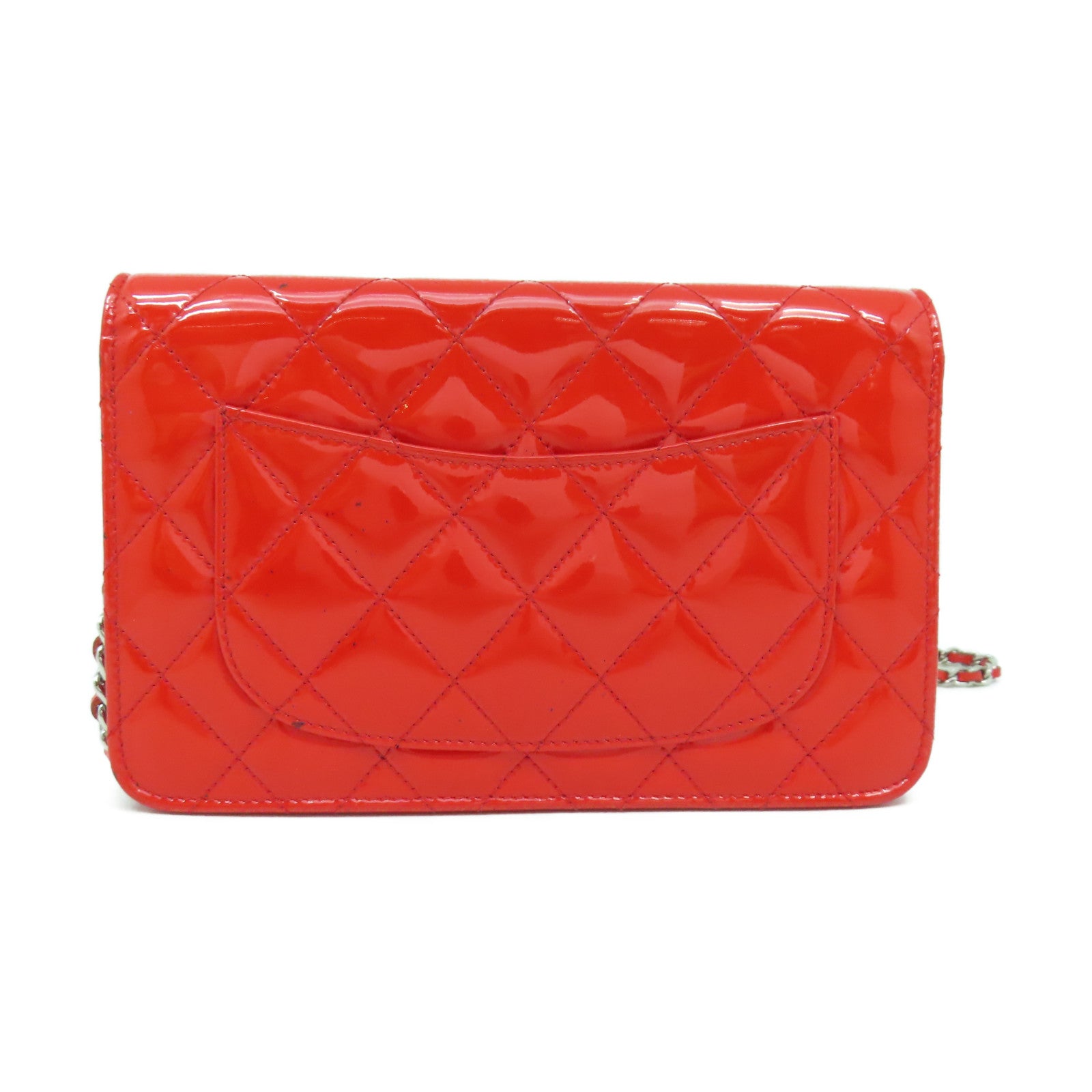 CHANEL 菱格漆皮皮革Wallet On Chain Shoulder Bag銀扣鏈帶錢包肩背袋橙紅色