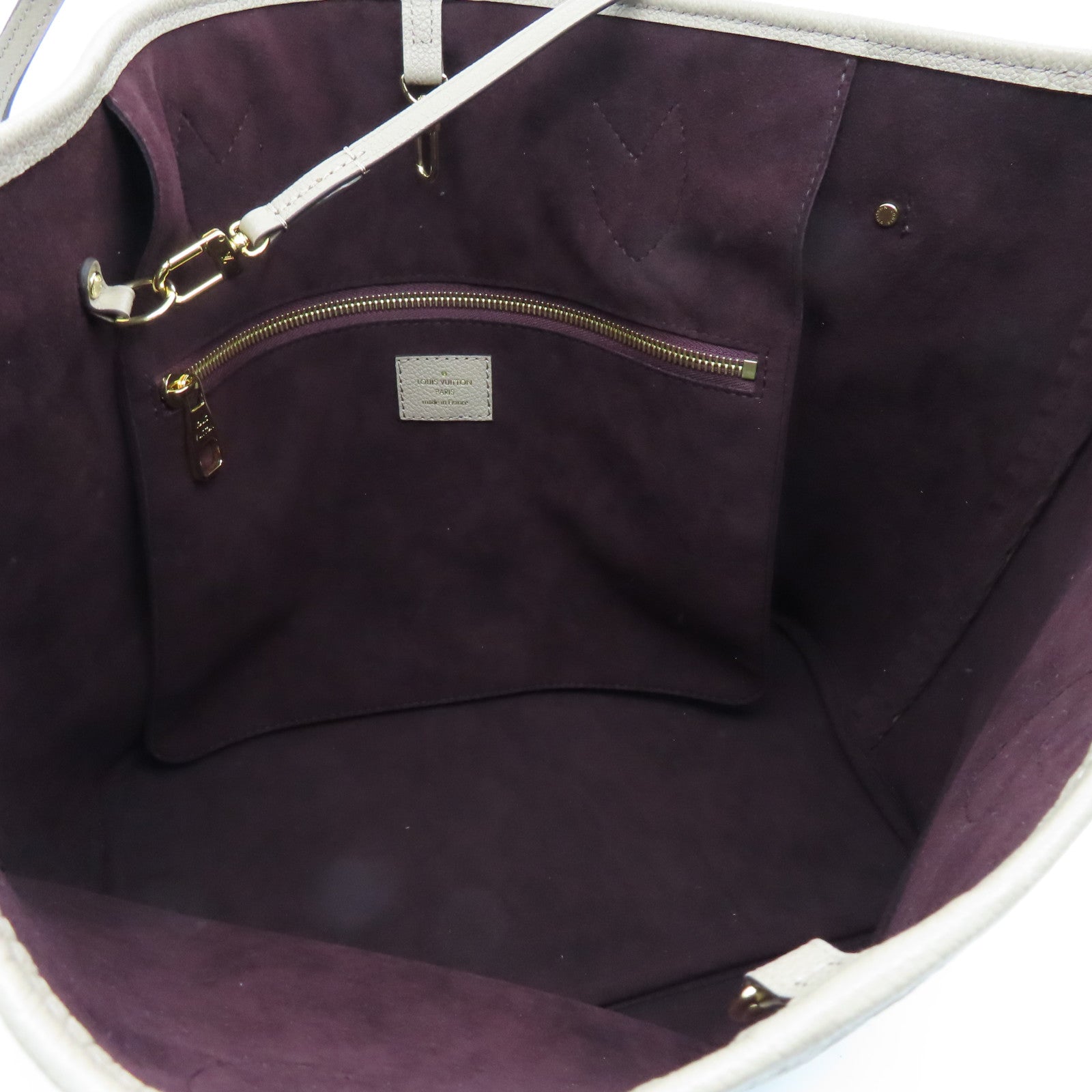 LOUIS VUITTON Monogram Empreinte Neverfull MM gold buckle handle bag light brown