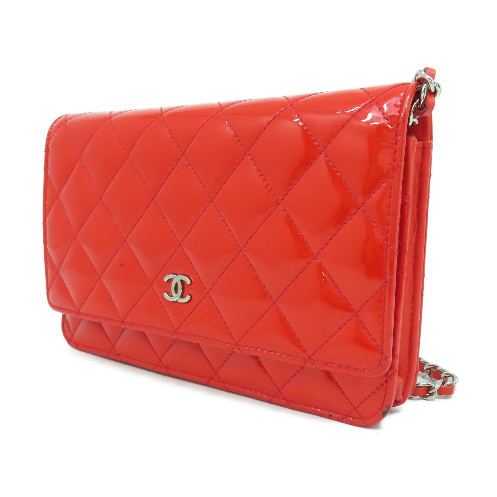 CHANEL 菱格漆皮皮革Wallet On Chain Shoulder Bag銀扣鏈帶錢包肩背袋橙紅色