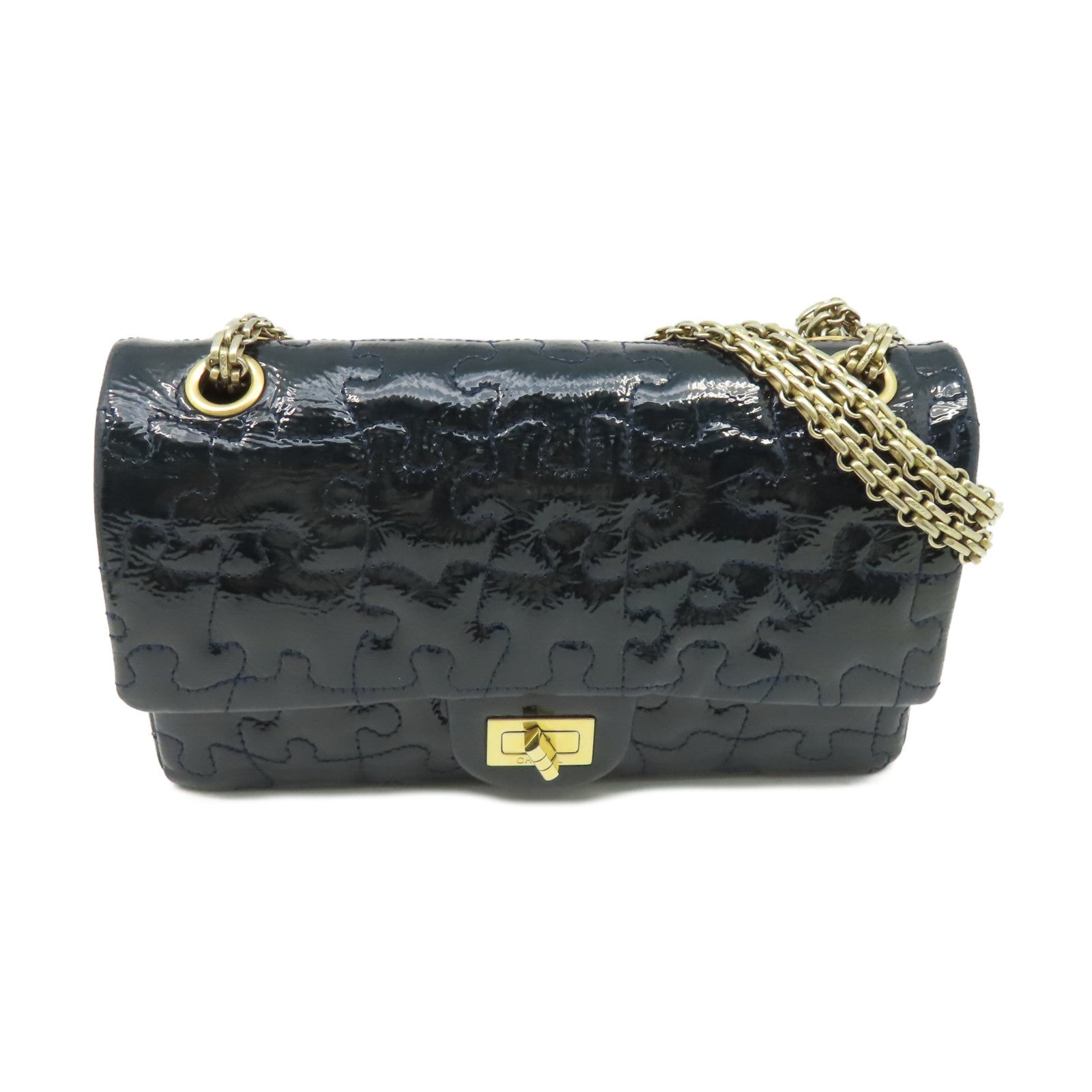 CHANEL 漆皮皮革Chain Shoulder Bag金扣鏈帶肩背袋綠藍色
