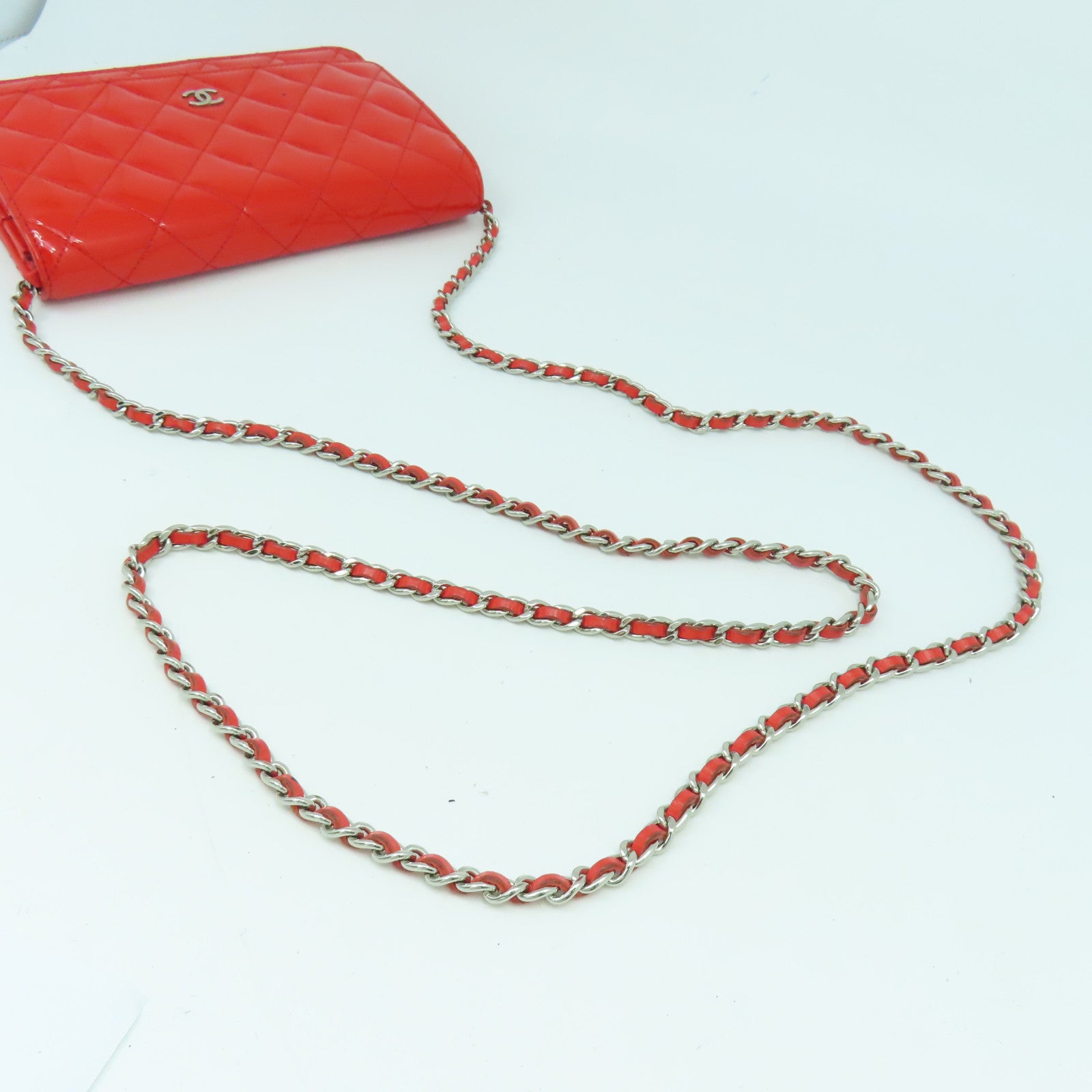 CHANEL 菱格漆皮皮革Wallet On Chain Shoulder Bag銀扣鏈帶錢包肩背袋橙紅色