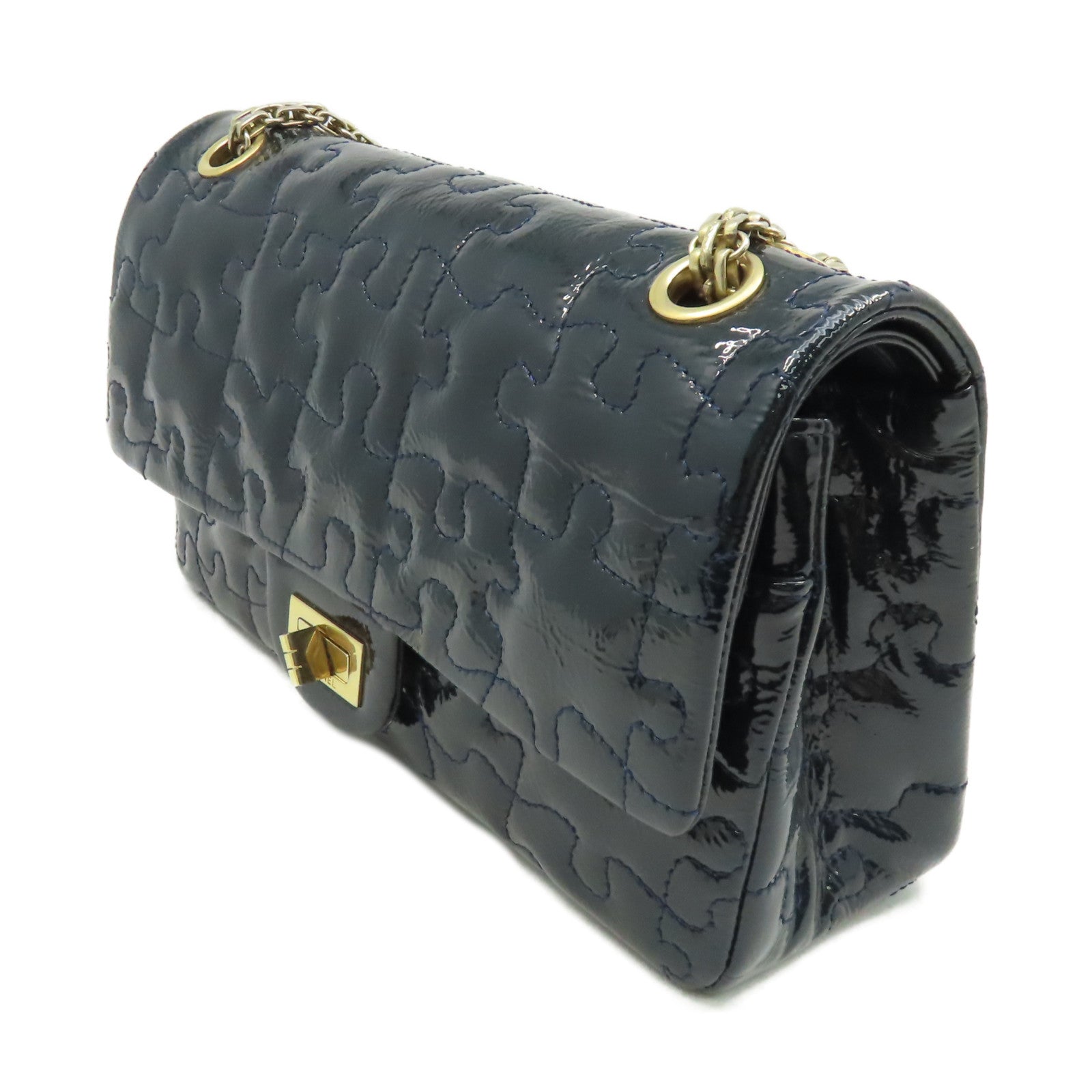 CHANEL 漆皮皮革Chain Shoulder Bag金扣鏈帶肩背袋綠藍色