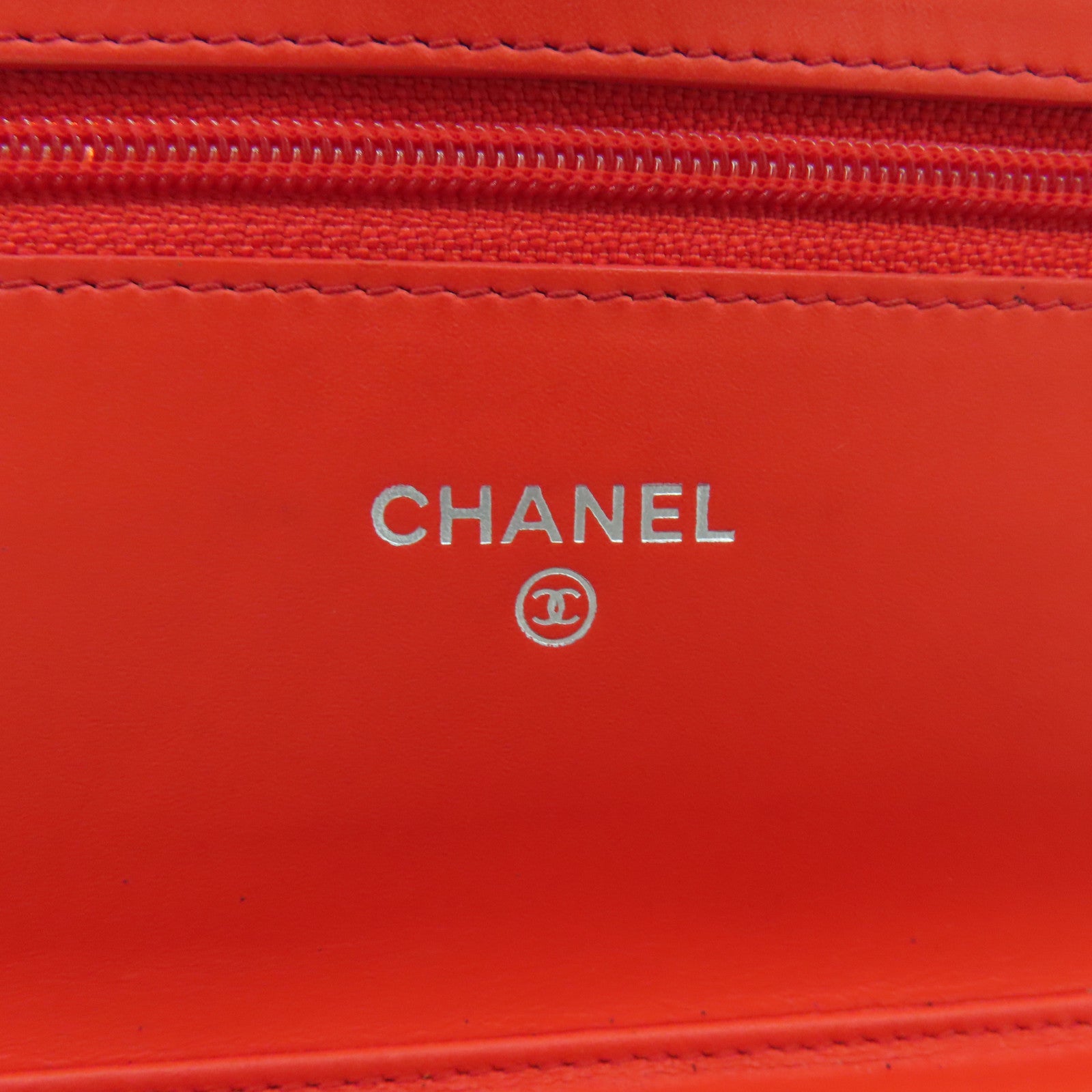 CHANEL 菱格漆皮皮革Wallet On Chain Shoulder Bag銀扣鏈帶錢包肩背袋橙紅色