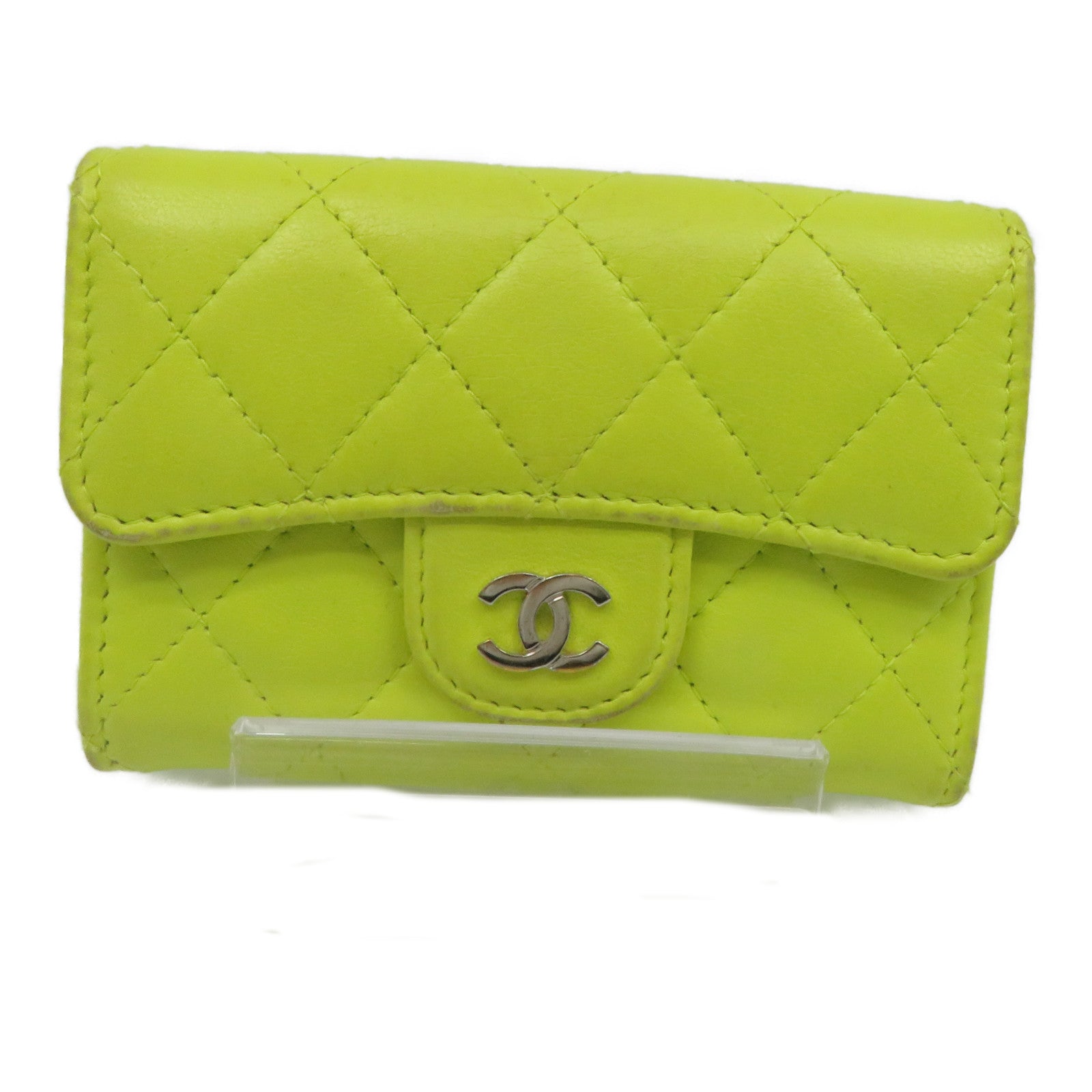 CHANEL 【激減優惠】菱格羊皮皮革Card Case銀扣卡片套黃色