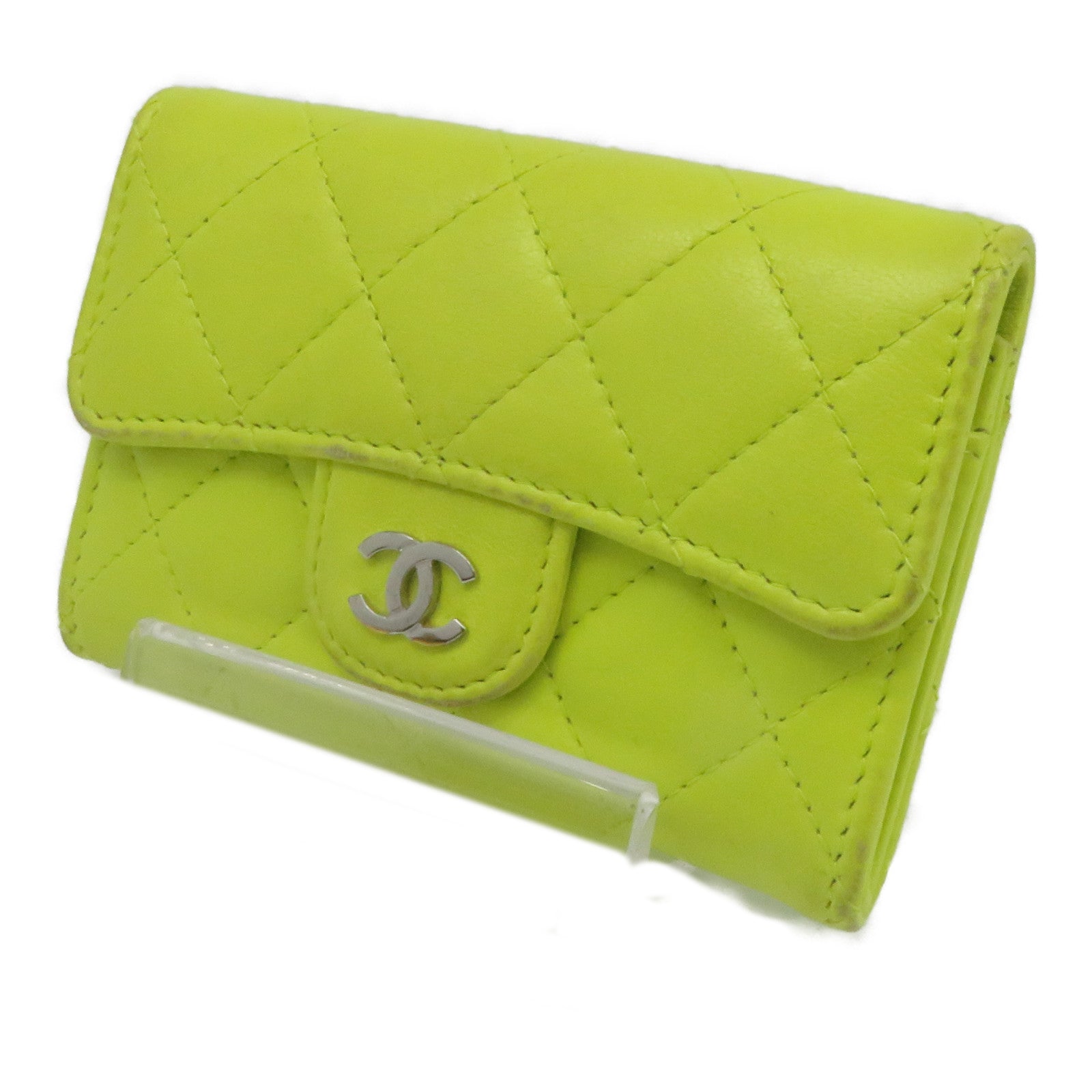CHANEL 【激減優惠】菱格羊皮皮革Card Case銀扣卡片套黃色