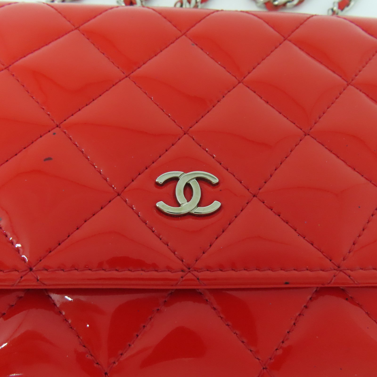 CHANEL 菱格漆皮皮革Wallet On Chain Shoulder Bag銀扣鏈帶錢包肩背袋橙紅色