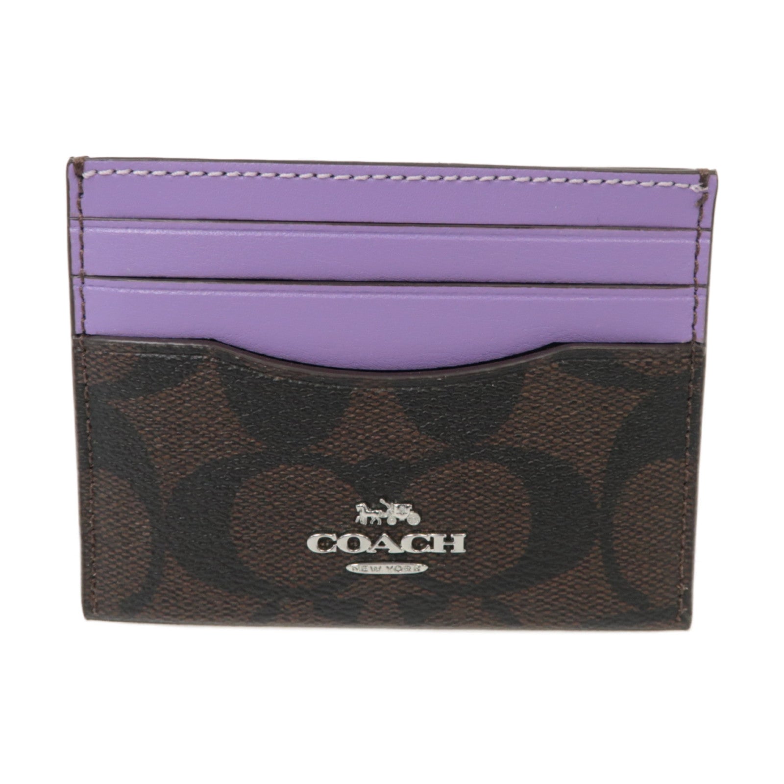 COACH 塗層帆布Card Holder銀扣卡片套紫色/啡色