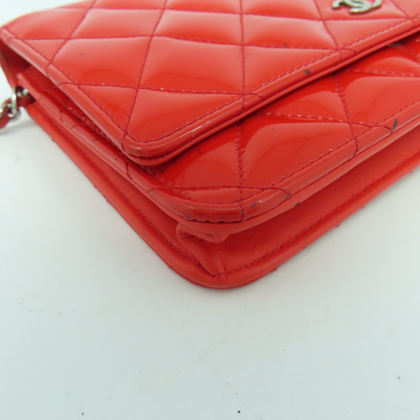 CHANEL 菱格漆皮皮革Wallet On Chain Shoulder Bag銀扣鏈帶錢包肩背袋橙紅色