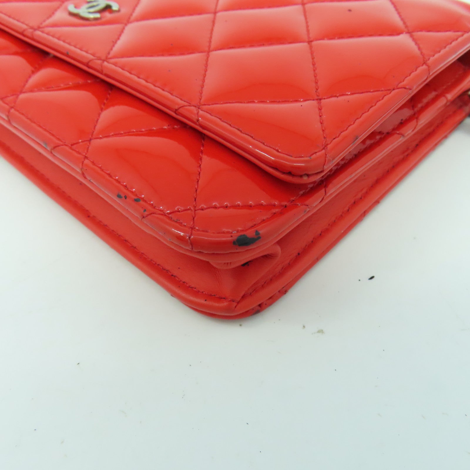 CHANEL 菱格漆皮皮革Wallet On Chain Shoulder Bag銀扣鏈帶錢包肩背袋橙紅色