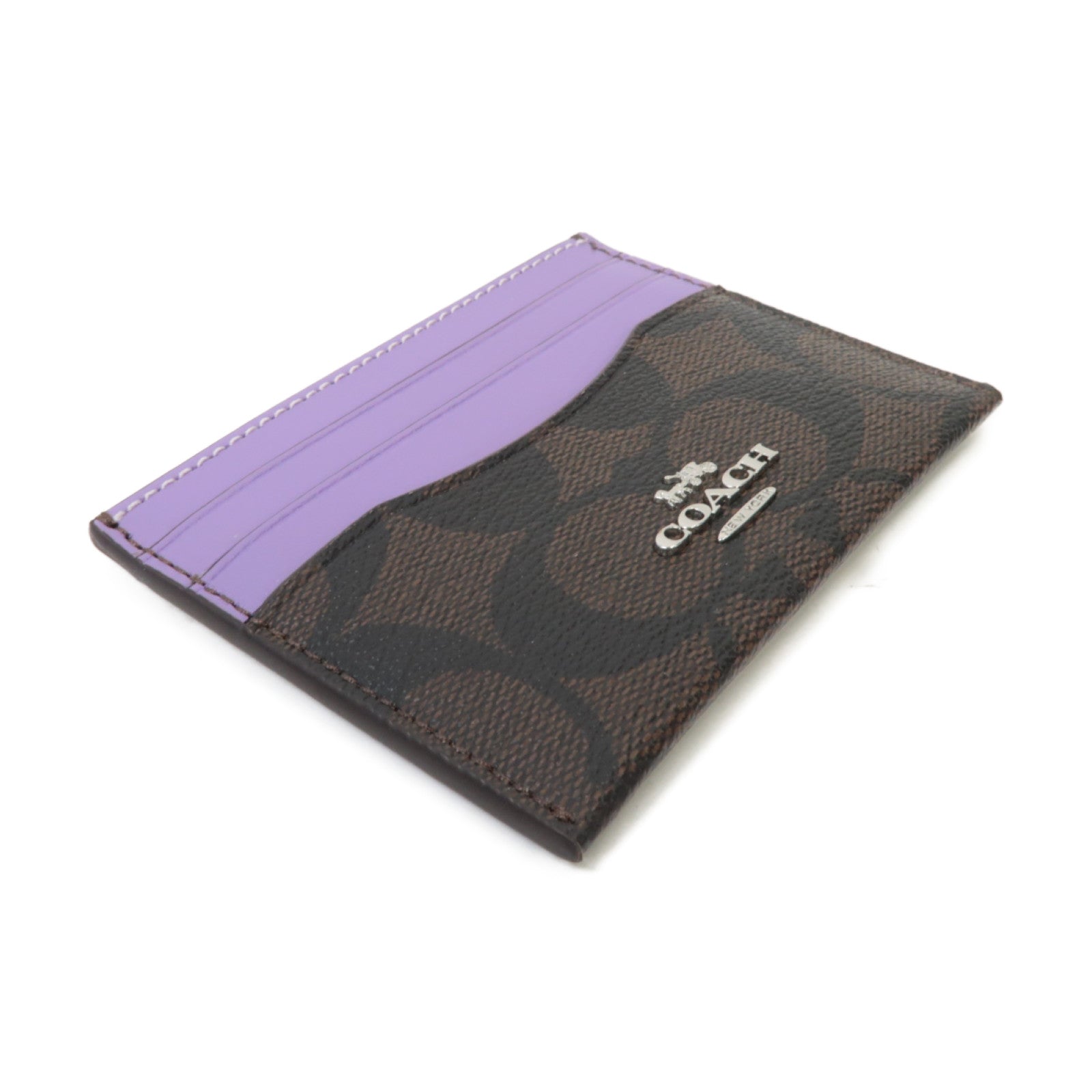 COACH 塗層帆布Card Holder銀扣卡片套紫色/啡色