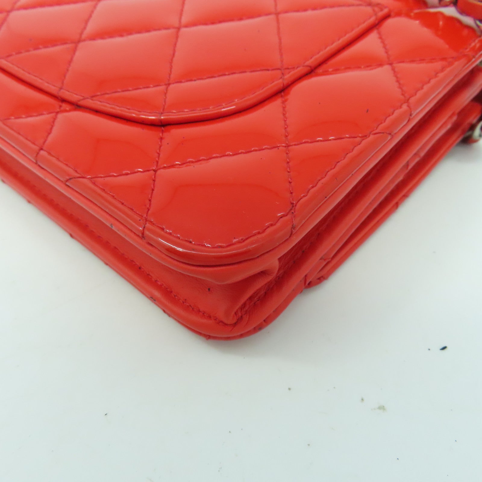 CHANEL 菱格漆皮皮革Wallet On Chain Shoulder Bag銀扣鏈帶錢包肩背袋橙紅色