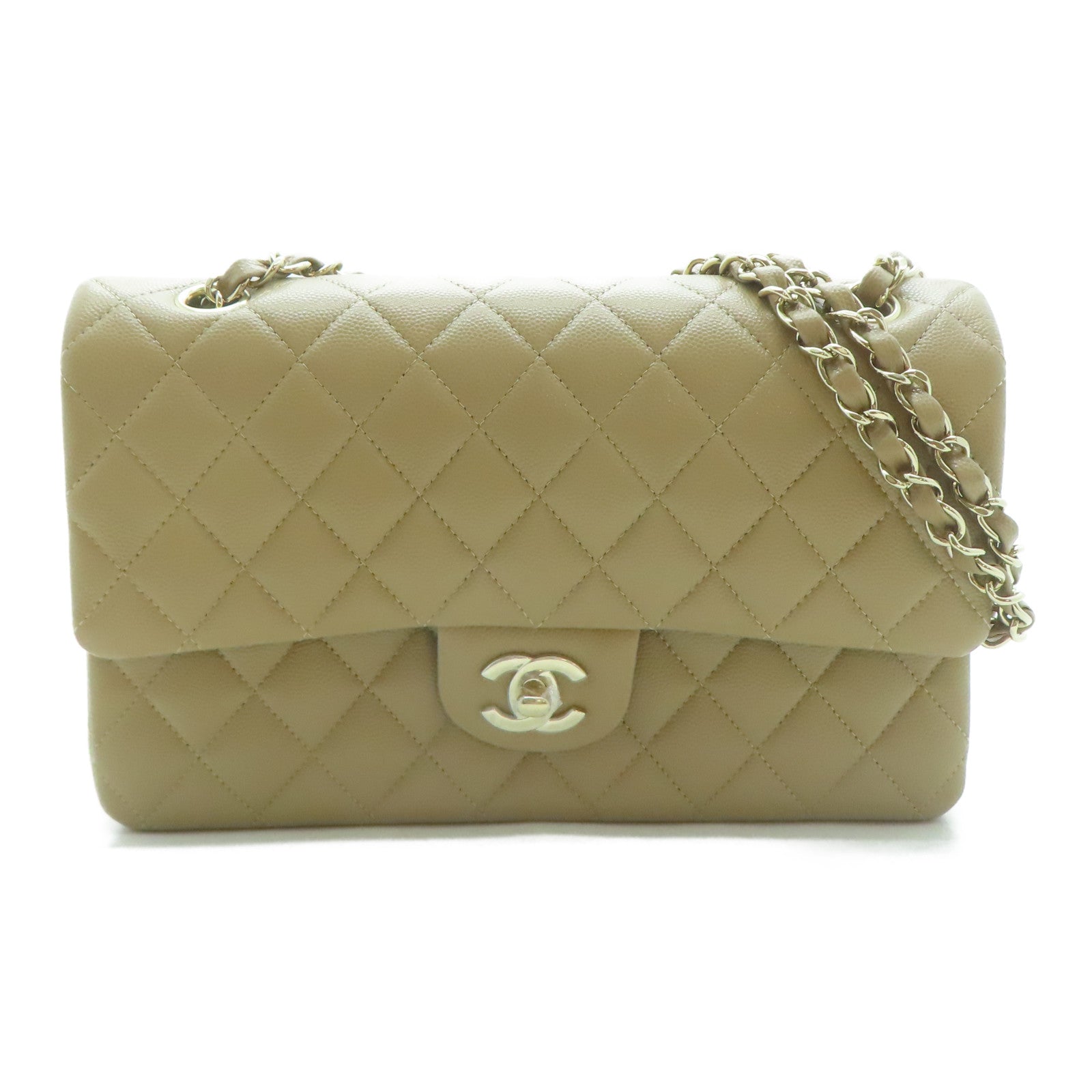 CHANEL 菱格Caviar皮革Classic Flap金扣鏈帶肩背袋啡色