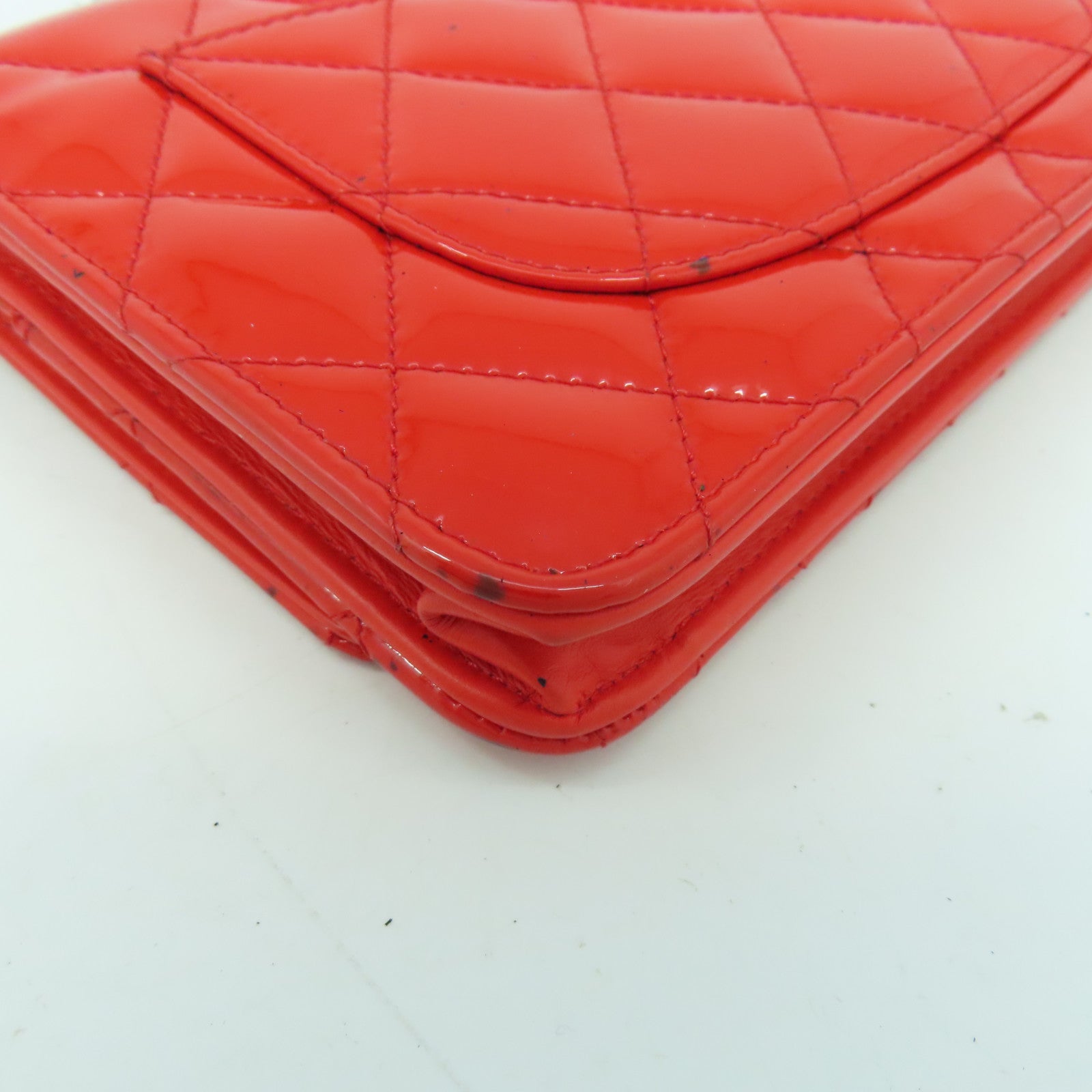 CHANEL 菱格漆皮皮革Wallet On Chain Shoulder Bag銀扣鏈帶錢包肩背袋橙紅色