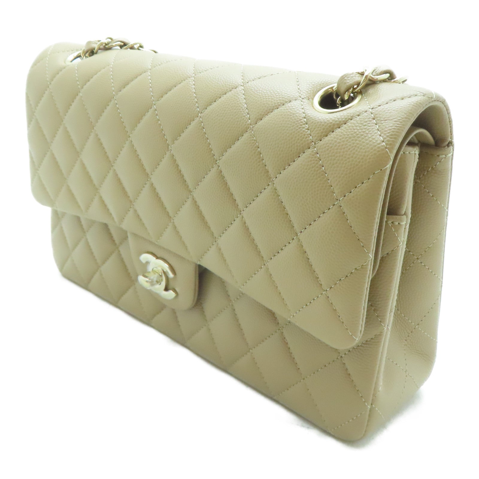 CHANEL 菱格Caviar皮革Classic Flap金扣鏈帶肩背袋啡色