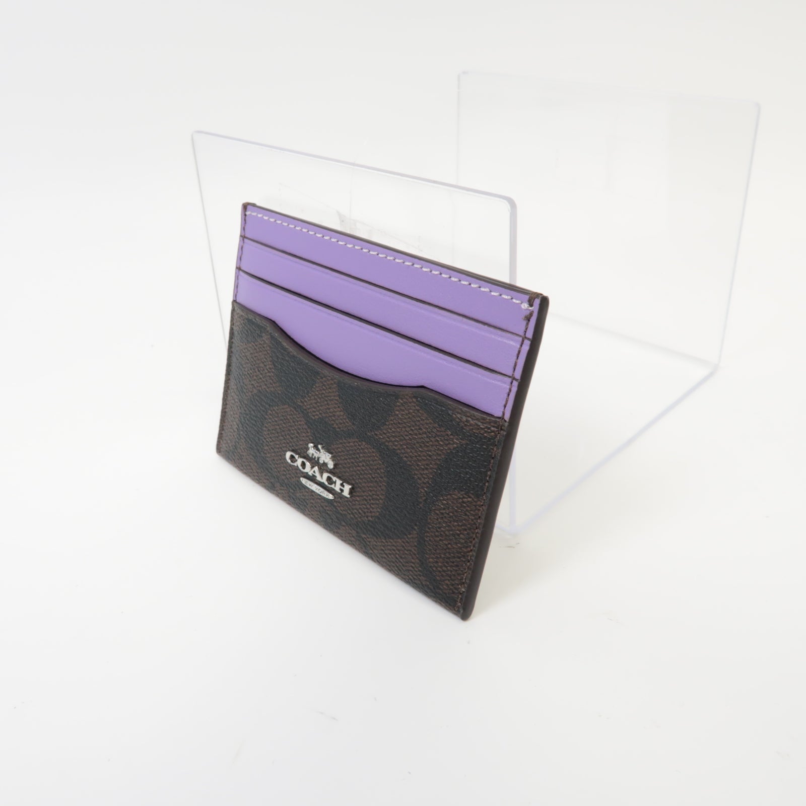 COACH 塗層帆布Card Holder銀扣卡片套紫色/啡色