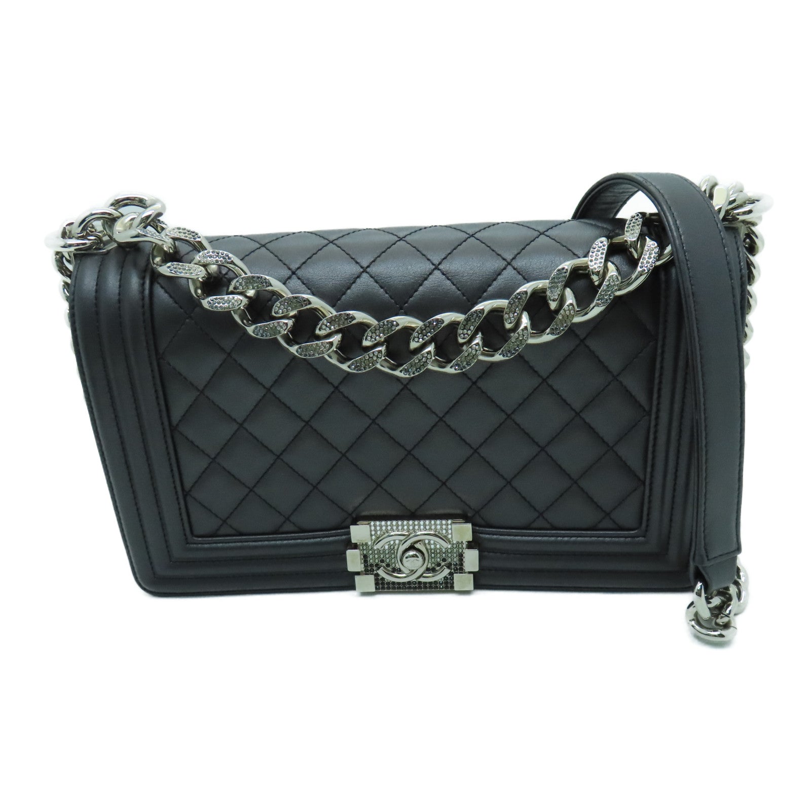 CHANEL 牛皮皮革Boy Chanel銀扣鏈帶肩背袋黑色