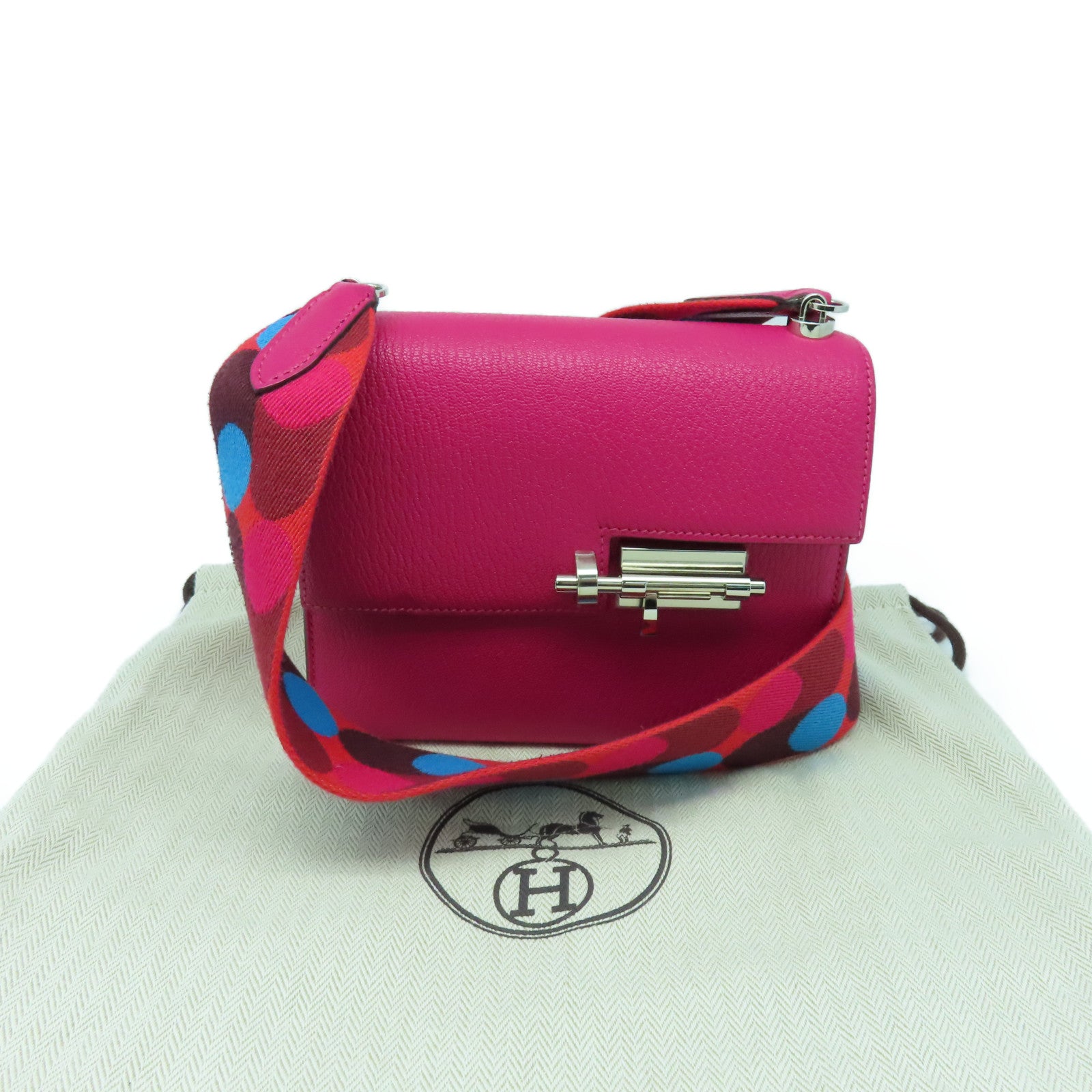 HERMES Chevre Leather Mini Verrou Silver Buckle Handle Bag Rose Extreme Pink