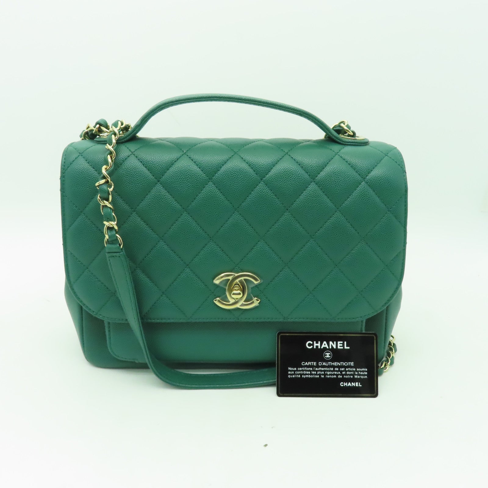 CHANEL 菱格Caviar皮革Business Affinty Bag金扣手挽肩背兩用袋綠色