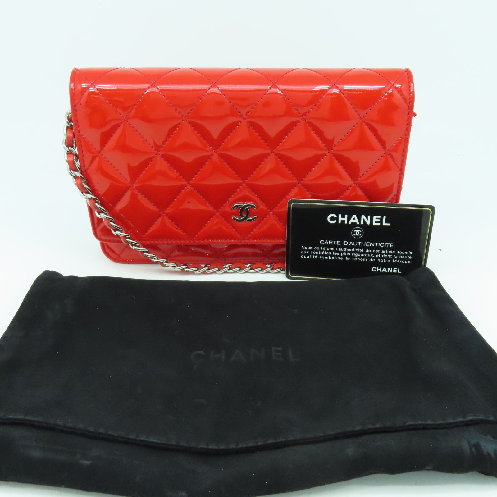 CHANEL 菱格漆皮皮革Wallet On Chain Shoulder Bag銀扣鏈帶錢包肩背袋橙紅色