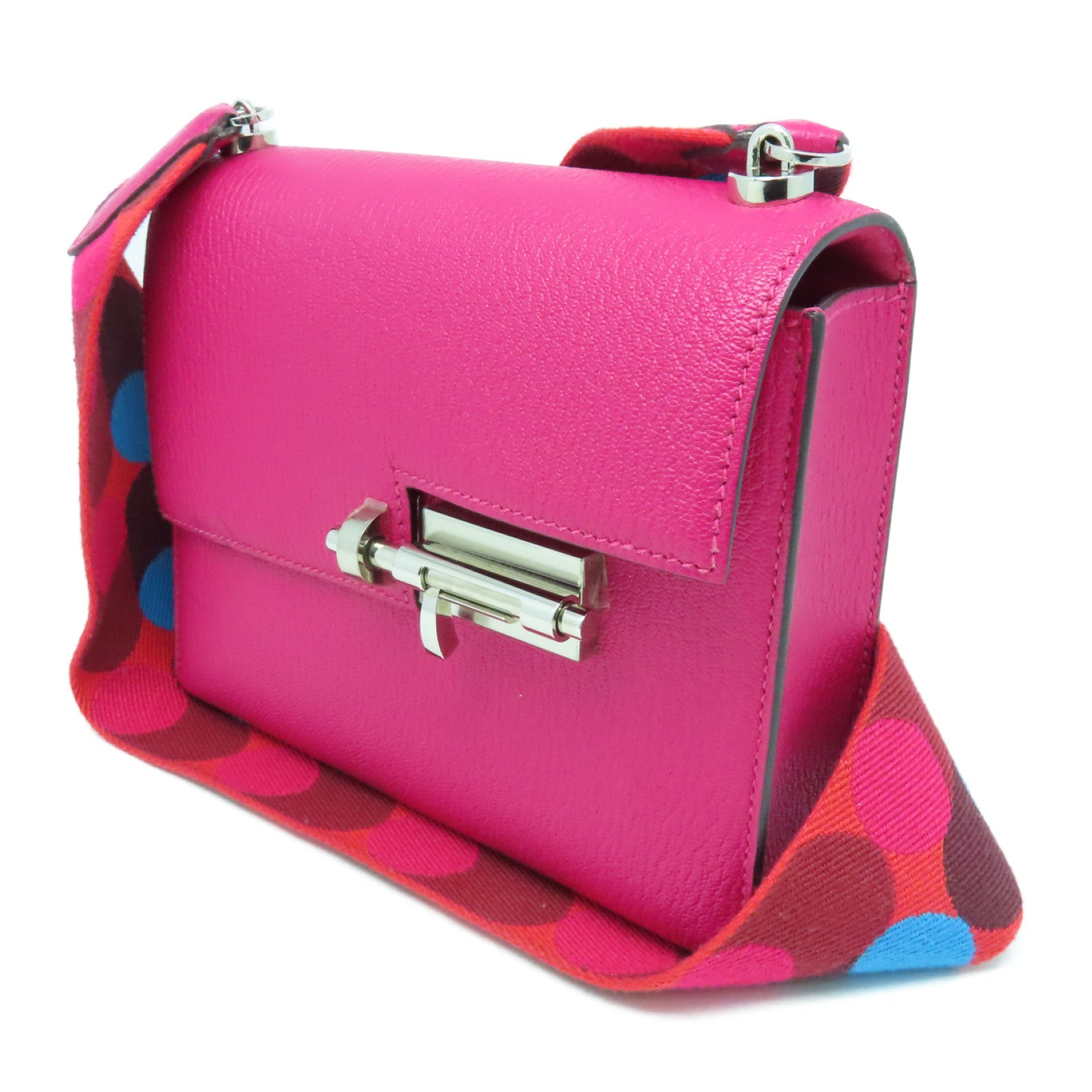 HERMES Chevre Leather Mini Verrou Silver Buckle Handle Bag Rose Extreme Pink