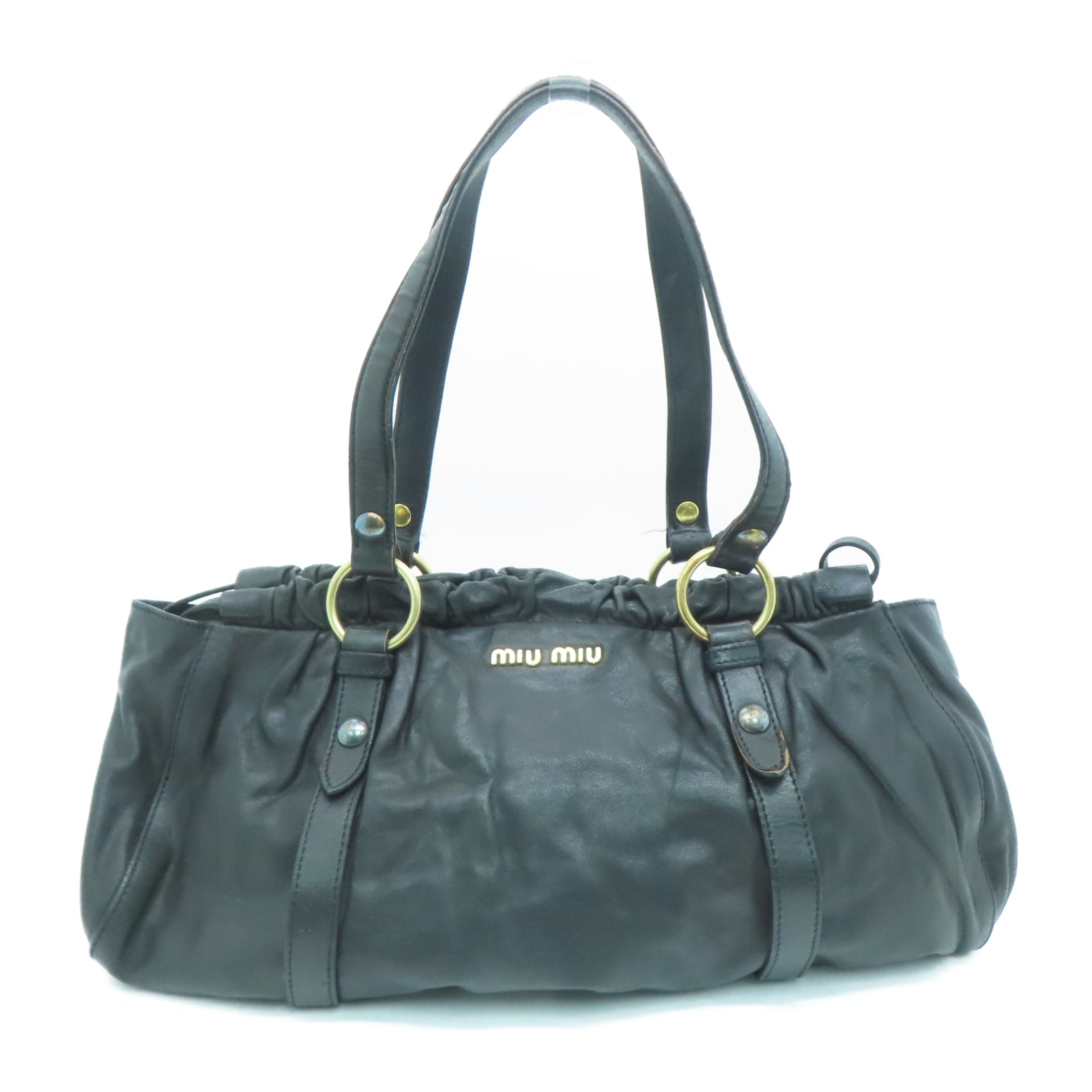 Miu Miu Sheepskin Leather 2 Way Shoulder Gold Buckle Handle Shoulder Bag Black