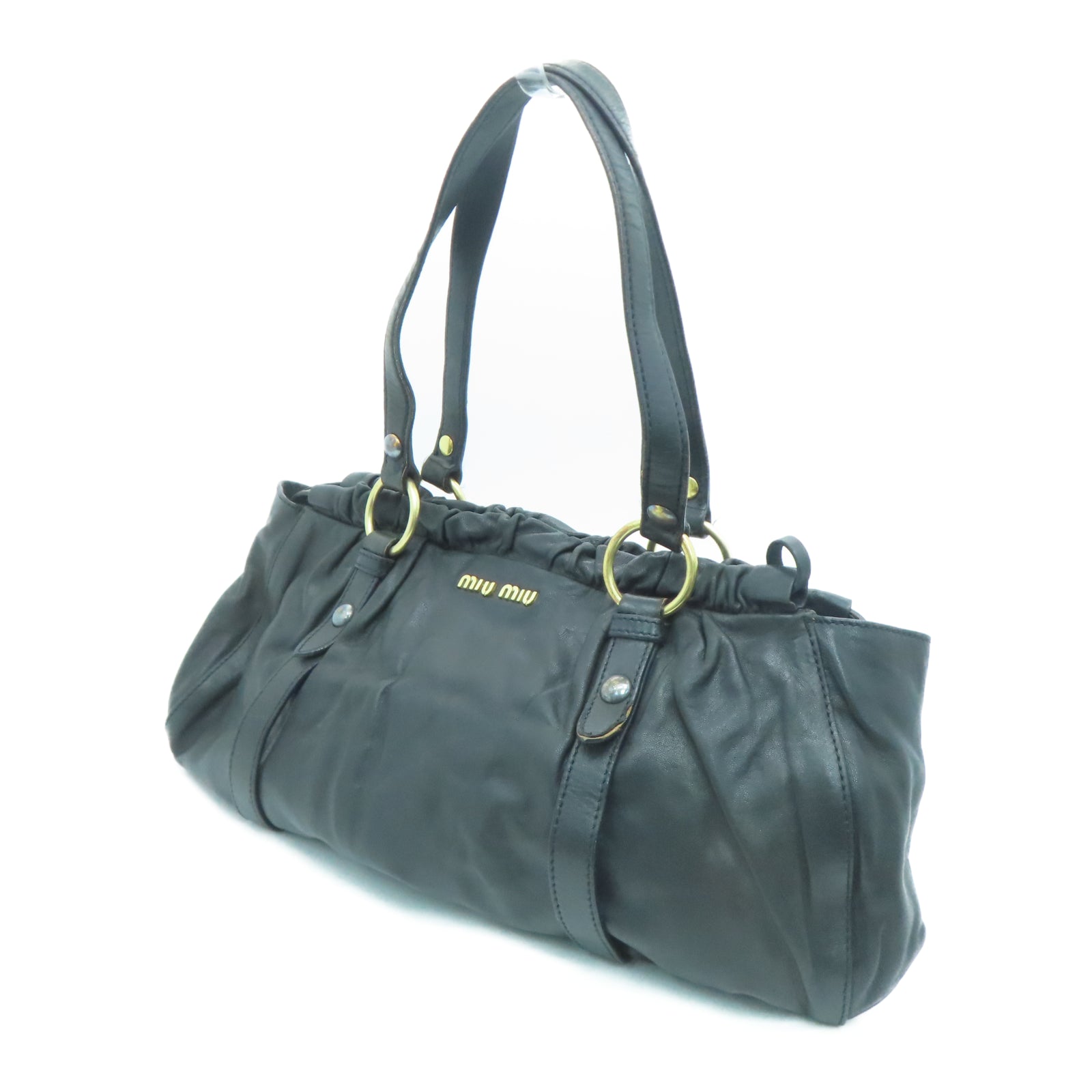Miu Miu Sheepskin Leather 2 Way Shoulder Gold Buckle Handle Shoulder Bag Black