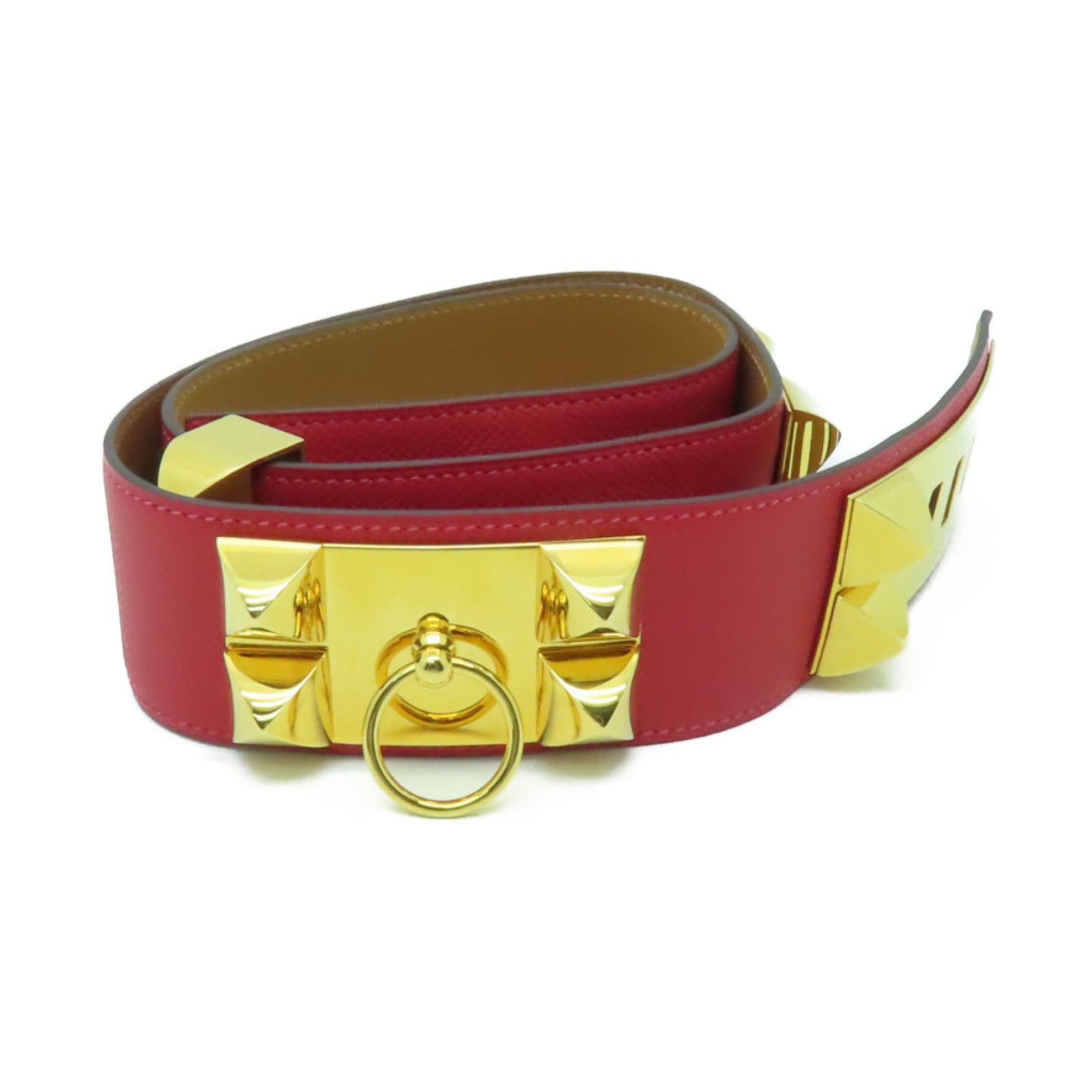 HERMES Epsom皮革Collier De Chien Belt 80cm金扣皮帶Rouge