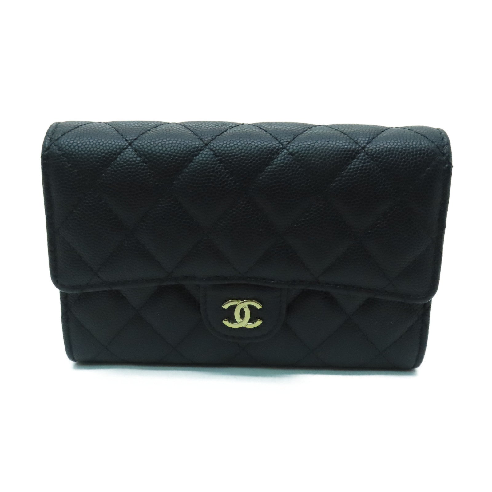 CHANEL 菱格Caviar皮革Wallet金扣錢包黑色