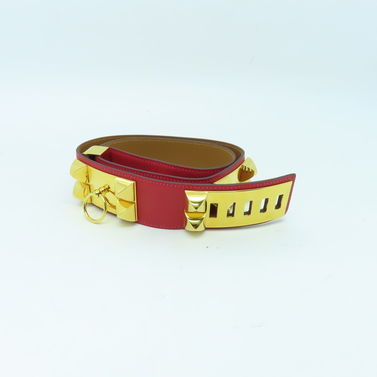 HERMES Epsom皮革Collier De Chien Belt 80cm金扣皮帶Rouge