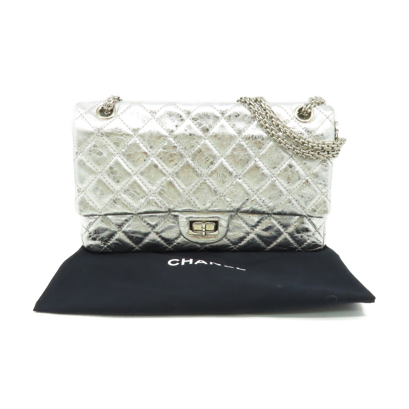 CHANEL 菱格羊皮皮革2.55 Double Flap Chain Shoulder Bag銀扣鏈帶肩背袋銀色